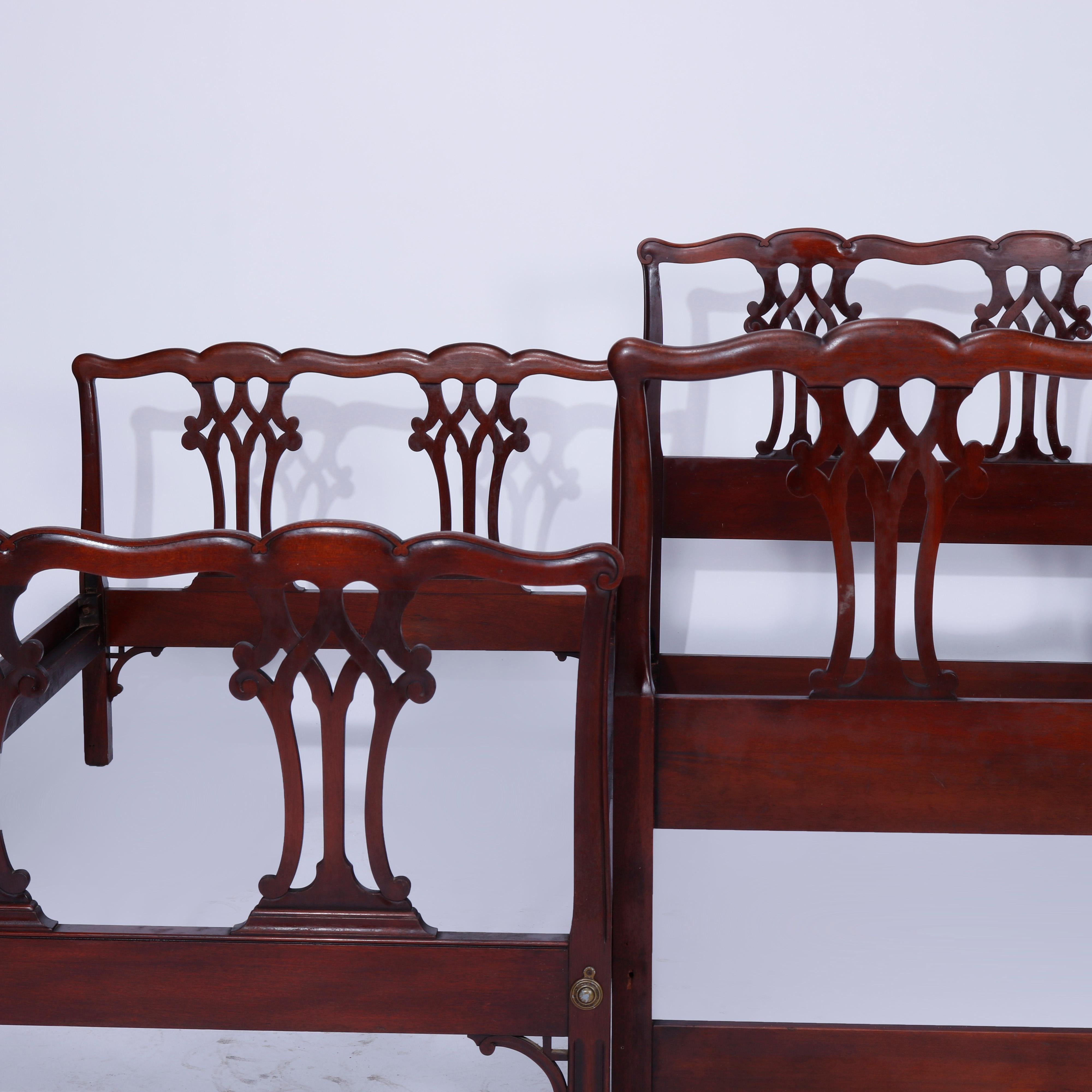20th Century Antique Pair Matching Chippendale Style Mahogany Ribbon Twin Beds circa 1930