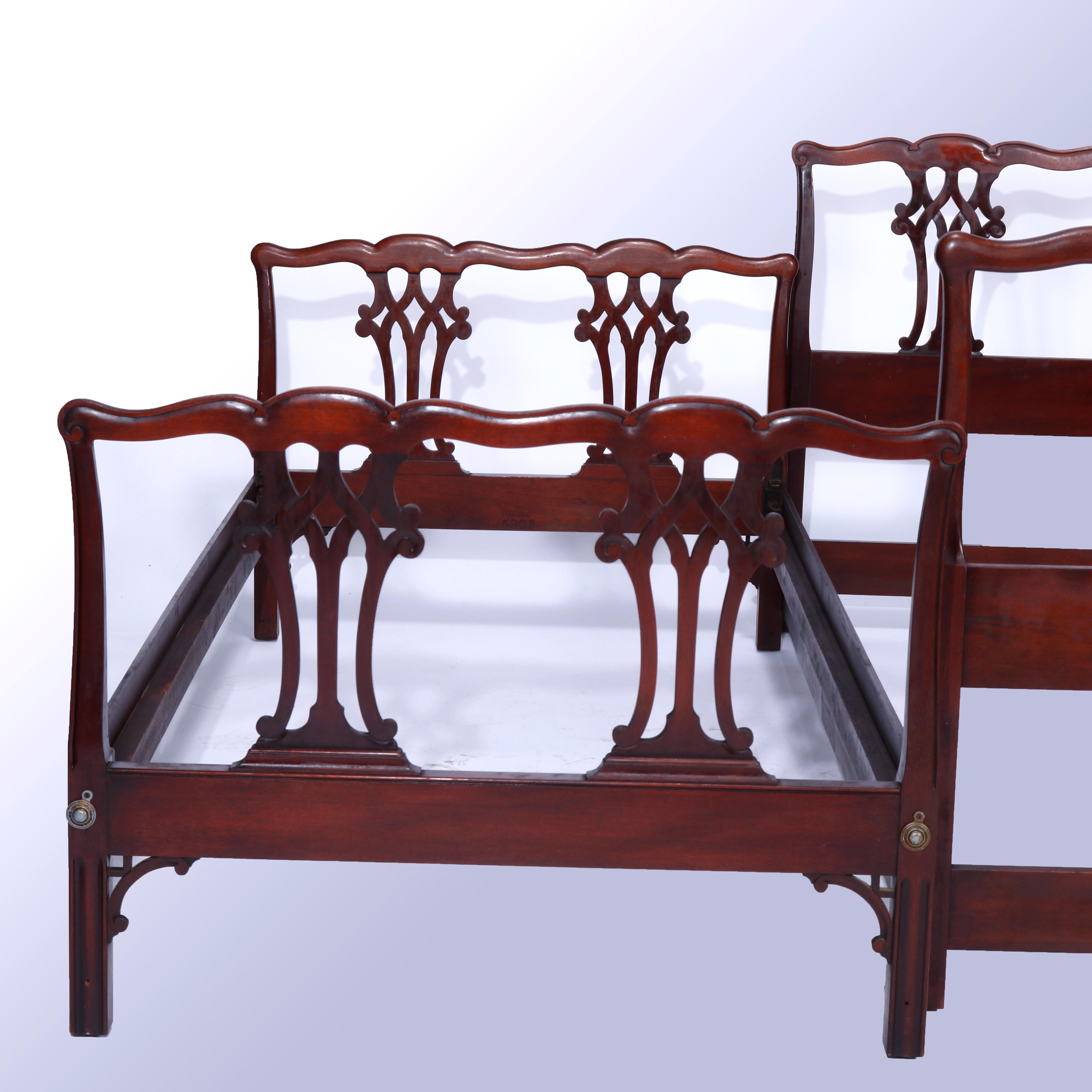 Antique Pair Matching Chippendale Style Mahogany Ribbon Twin Beds circa 1930 1