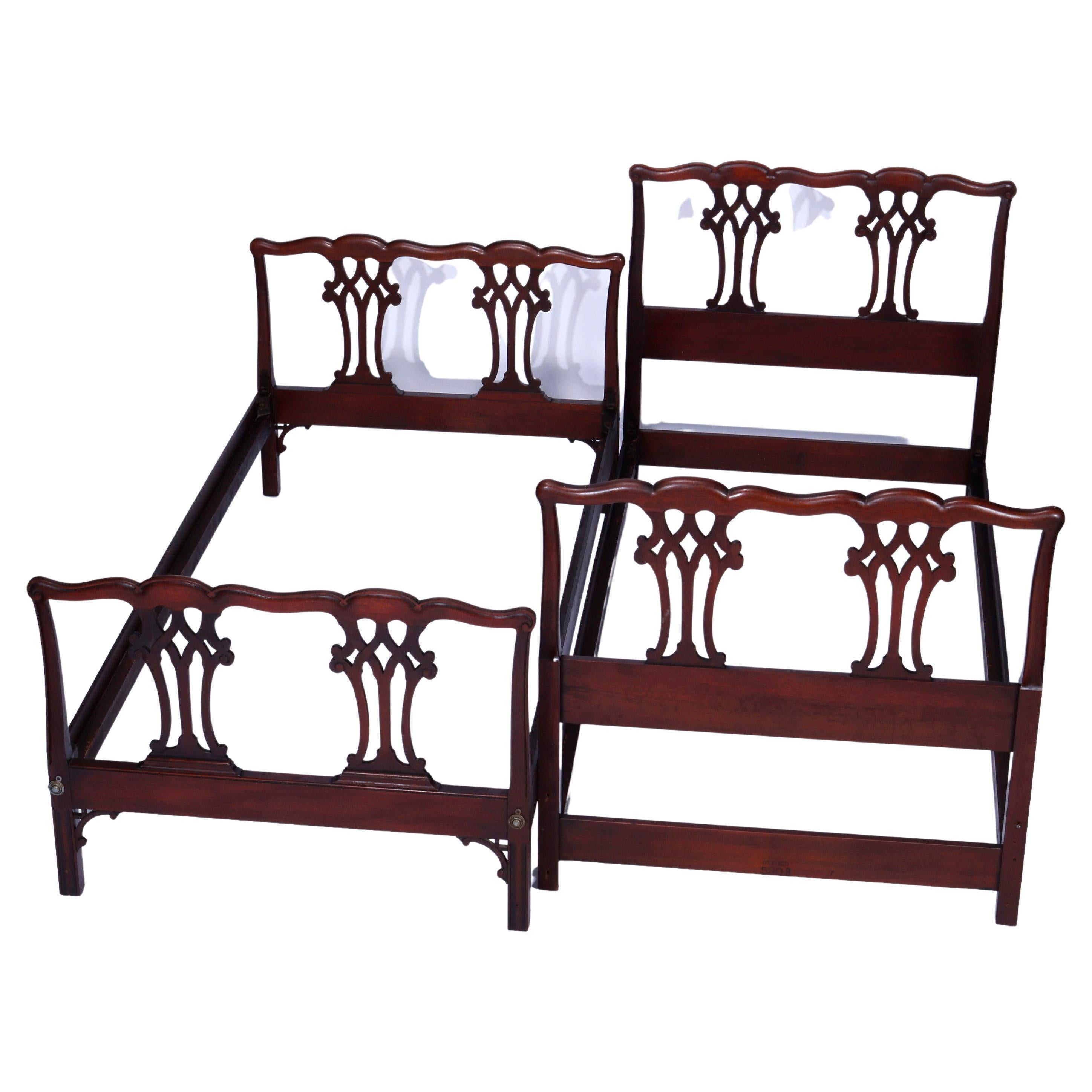 Antique Pair Matching Chippendale Style Mahogany Ribbon Twin Beds circa 1930