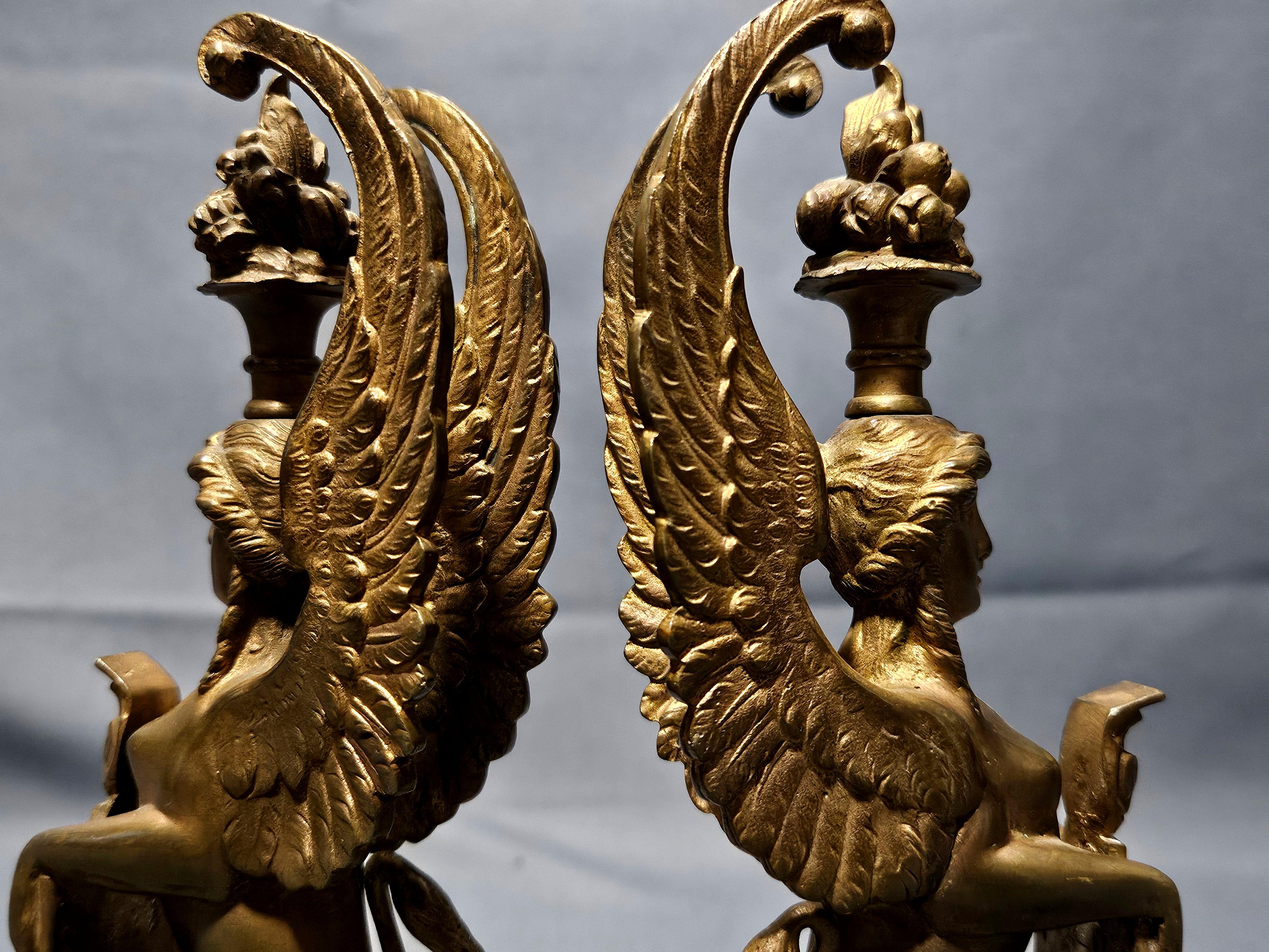 Antique Pair Matching Solid Gilt Bronze Female Winged Griffins Sphinx For Sale 8