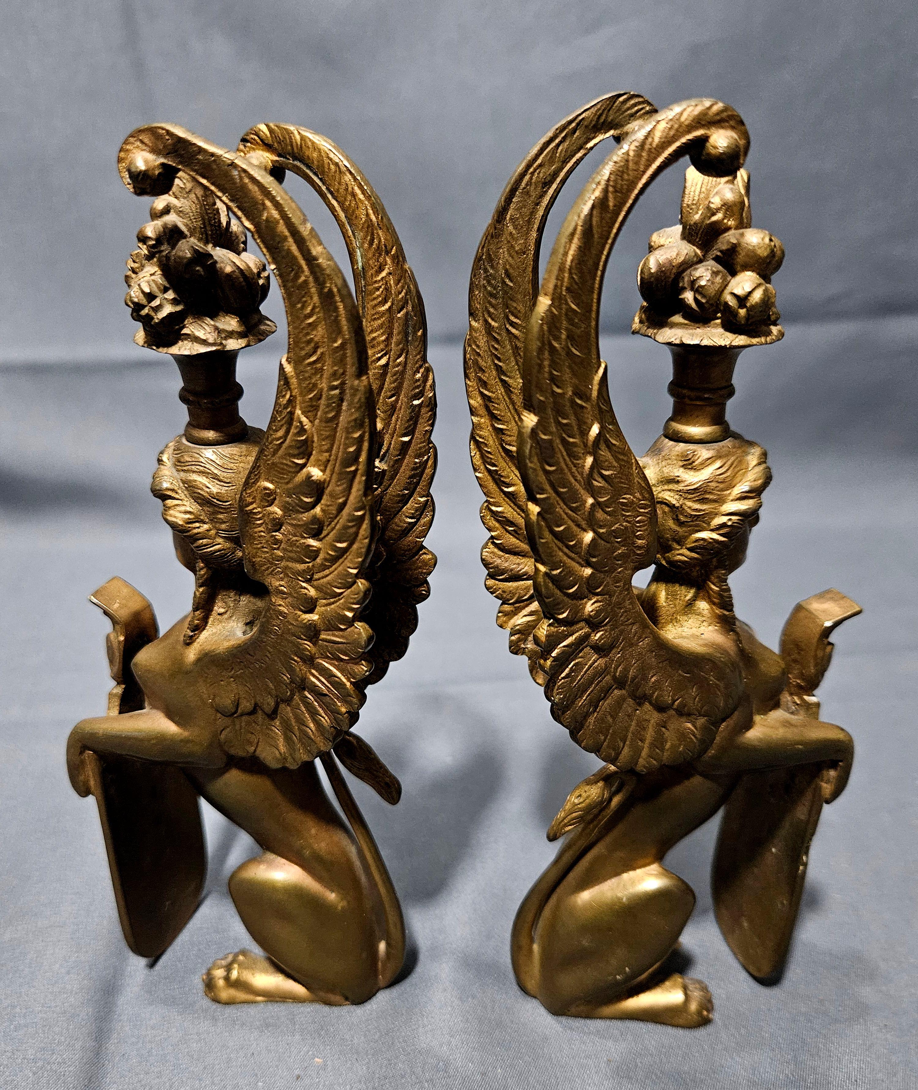 Antique Pair Matching Solid Gilt Bronze Female Winged Griffins Sphinx For Sale 9
