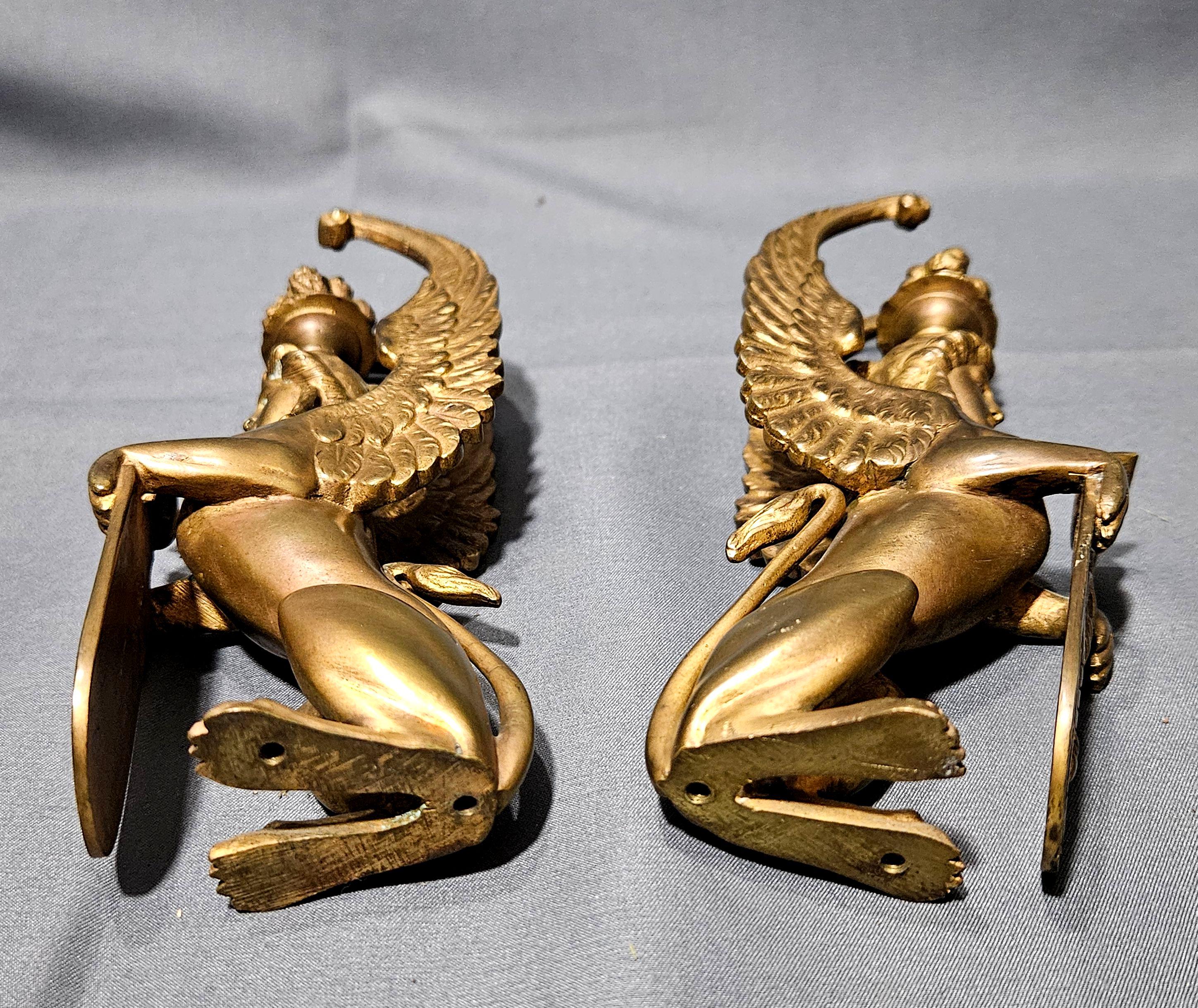 Antique Pair Matching Solid Gilt Bronze Female Winged Griffins Sphinx For Sale 10