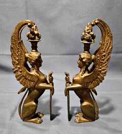 Antique Pair Matching Solid Gilt Bronze Female Winged Griffins Sphinx