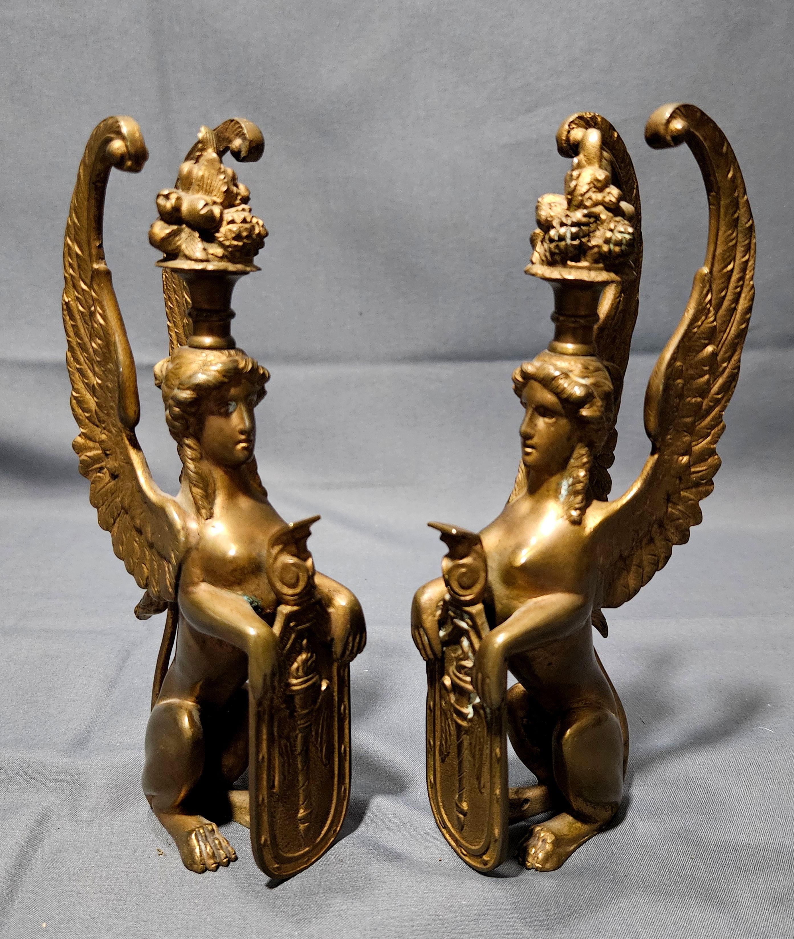 French Antique Pair Matching Solid Gilt Bronze Female Winged Griffins Sphinx For Sale