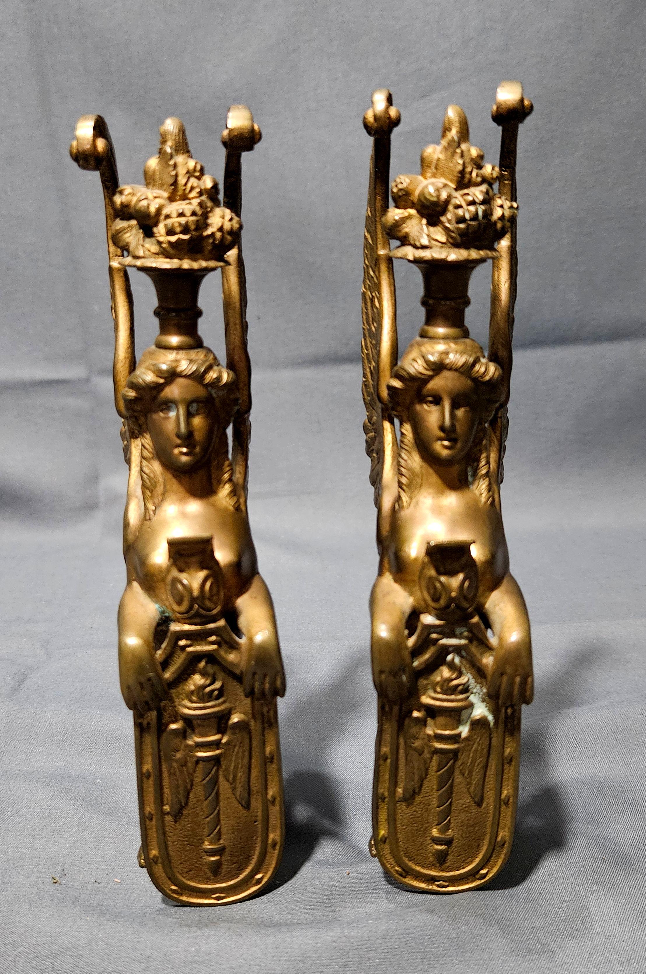 Hand-Crafted Antique Pair Matching Solid Gilt Bronze Female Winged Griffins Sphinx For Sale