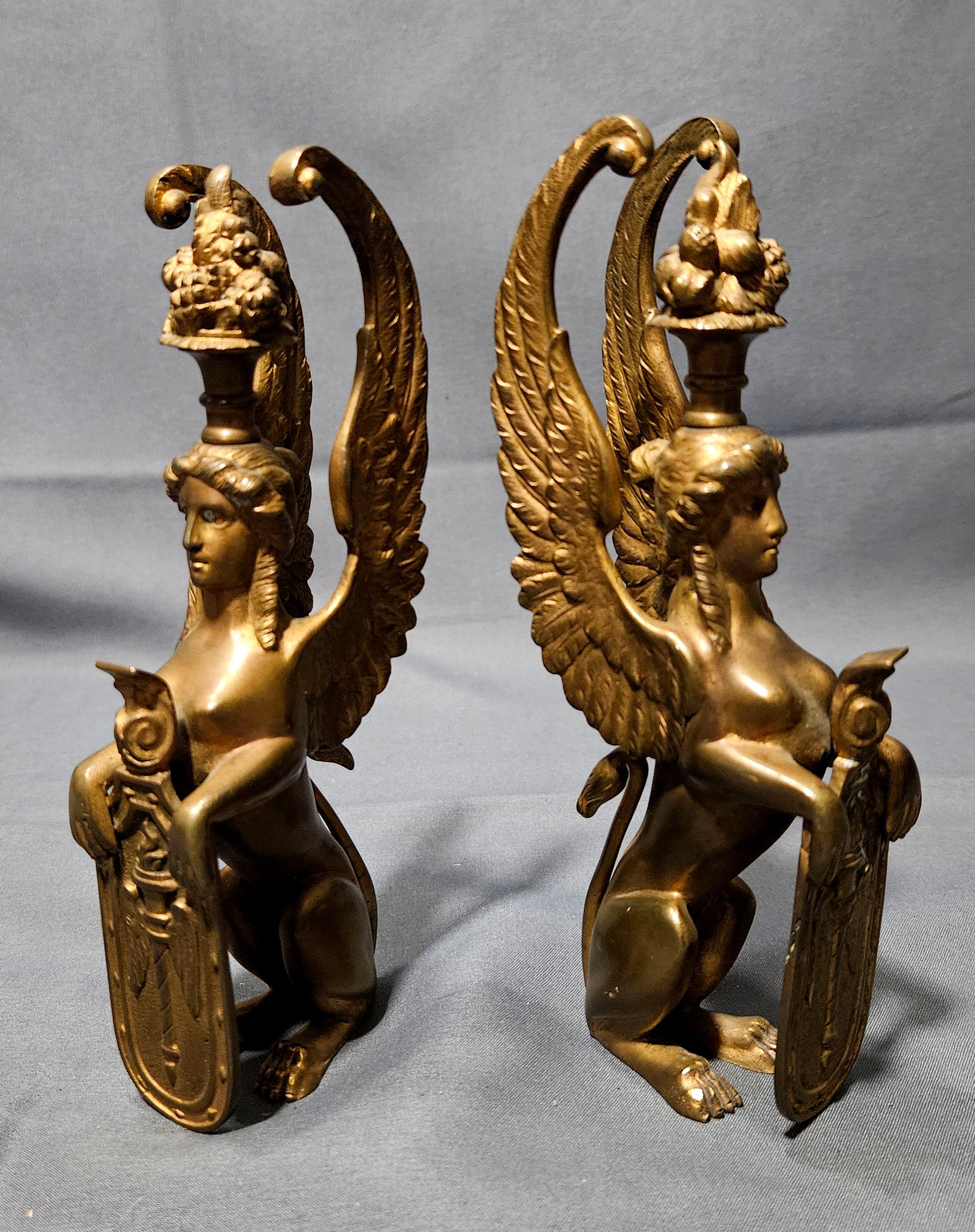 Antique Pair Matching Solid Gilt Bronze Female Winged Griffins Sphinx In Excellent Condition For Sale In Norton, MA