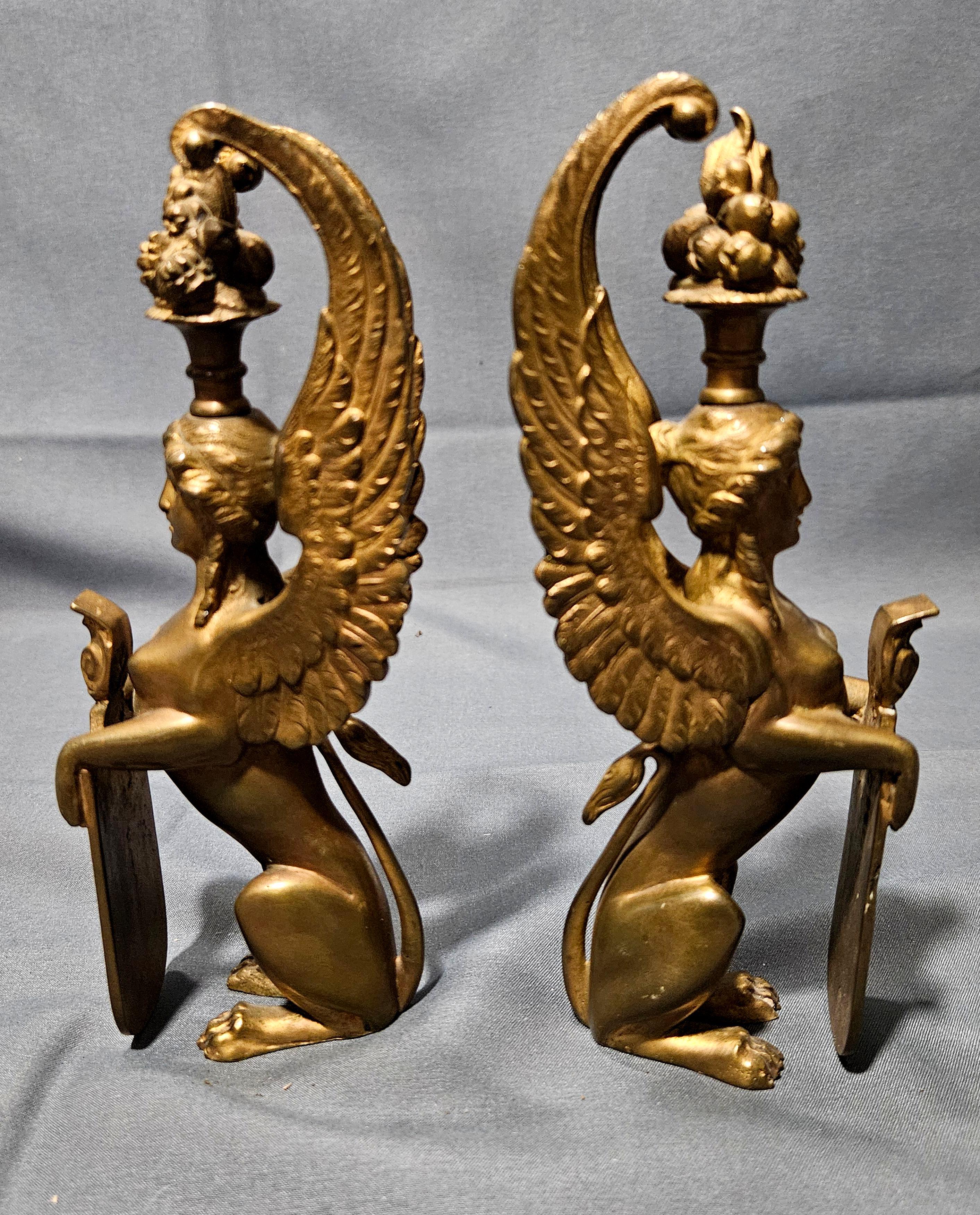 19th Century Antique Pair Matching Solid Gilt Bronze Female Winged Griffins Sphinx For Sale