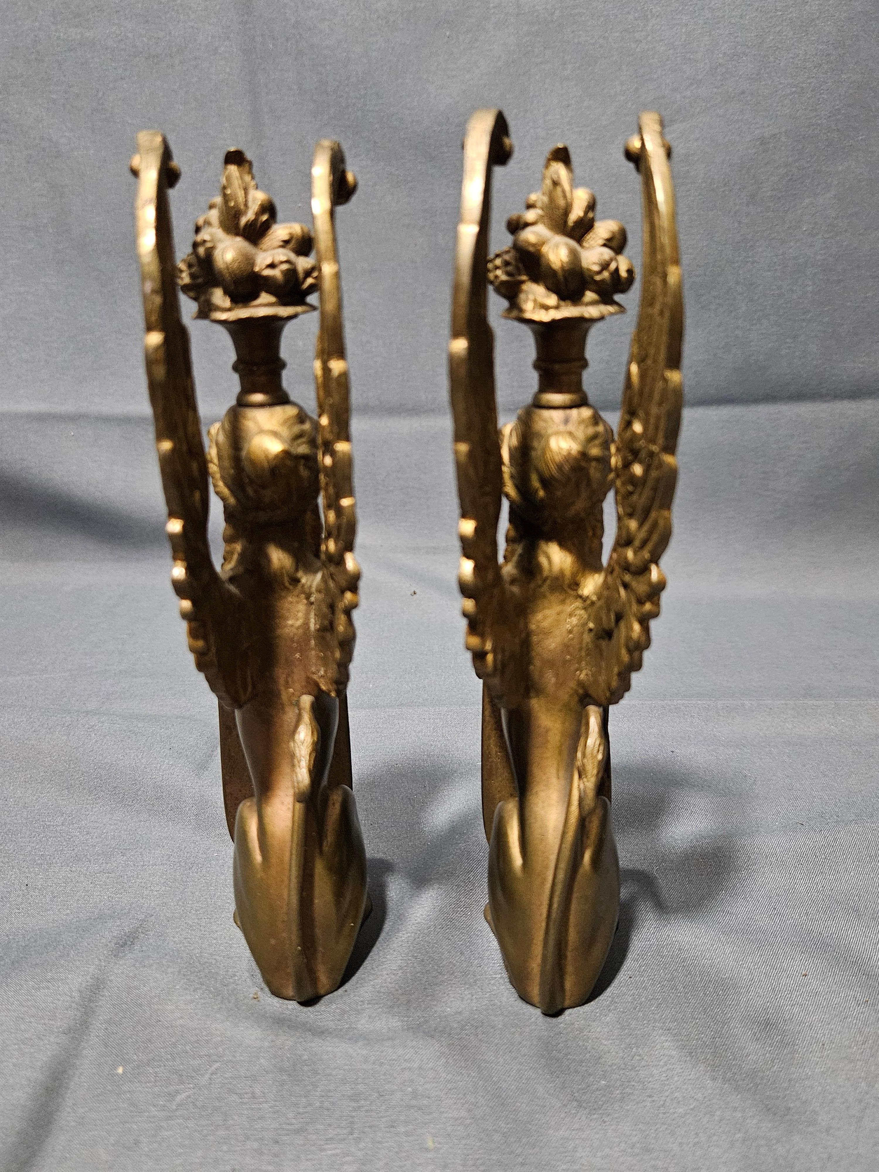 Antique Pair Matching Solid Gilt Bronze Female Winged Griffins Sphinx For Sale 1