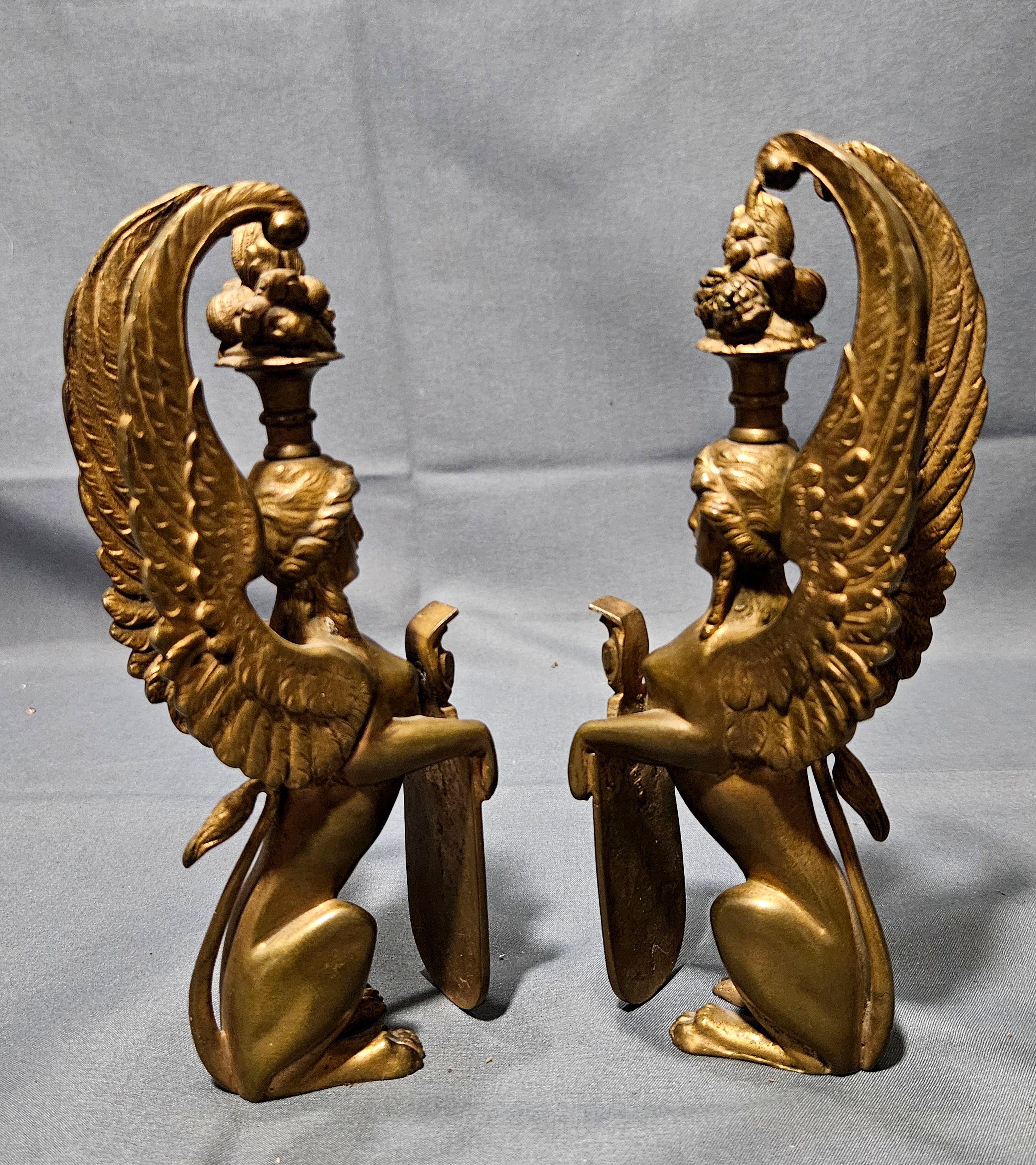 Antique Pair Matching Solid Gilt Bronze Female Winged Griffins Sphinx For Sale 2