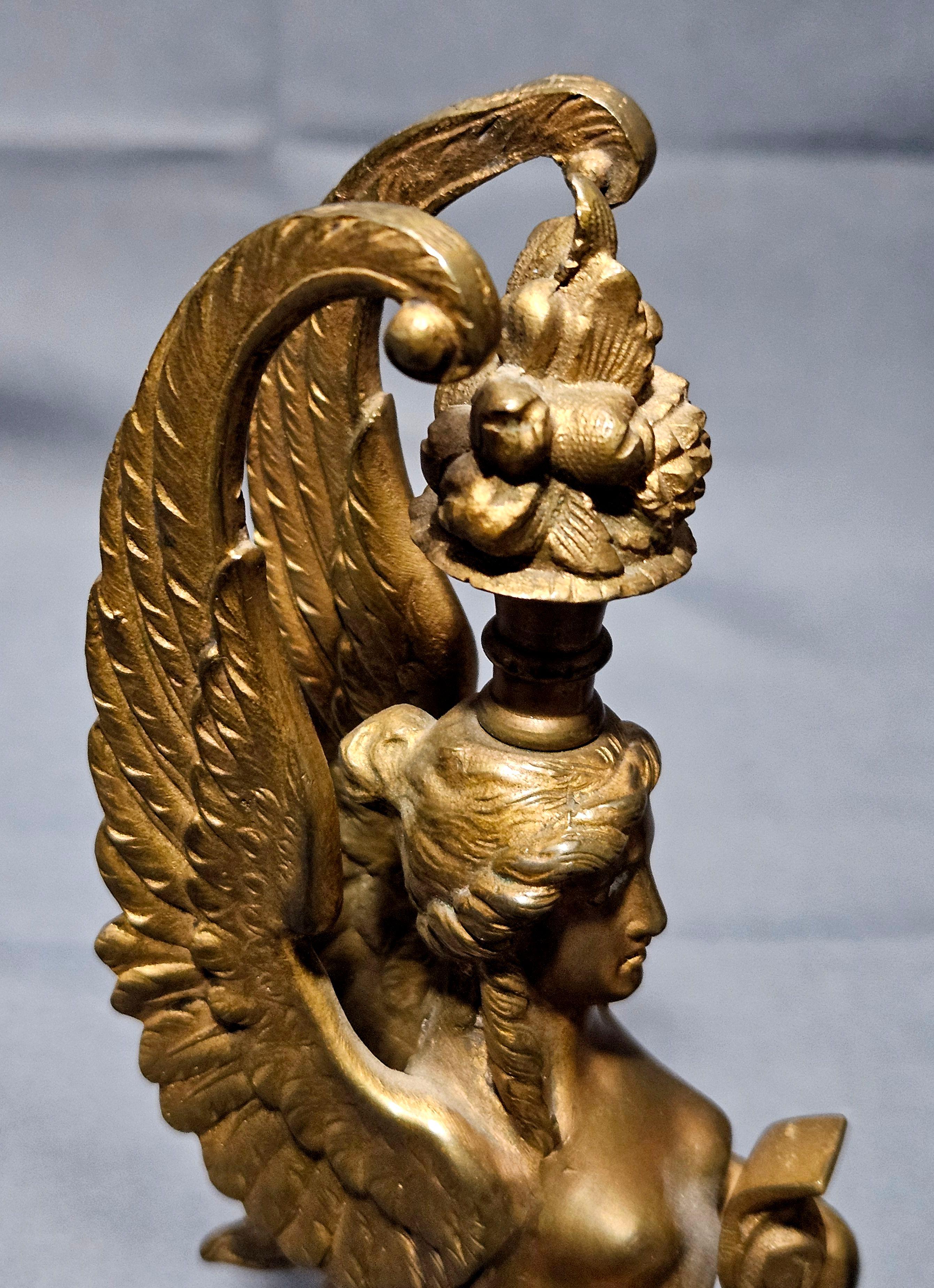 Antique Pair Matching Solid Gilt Bronze Female Winged Griffins Sphinx For Sale 3