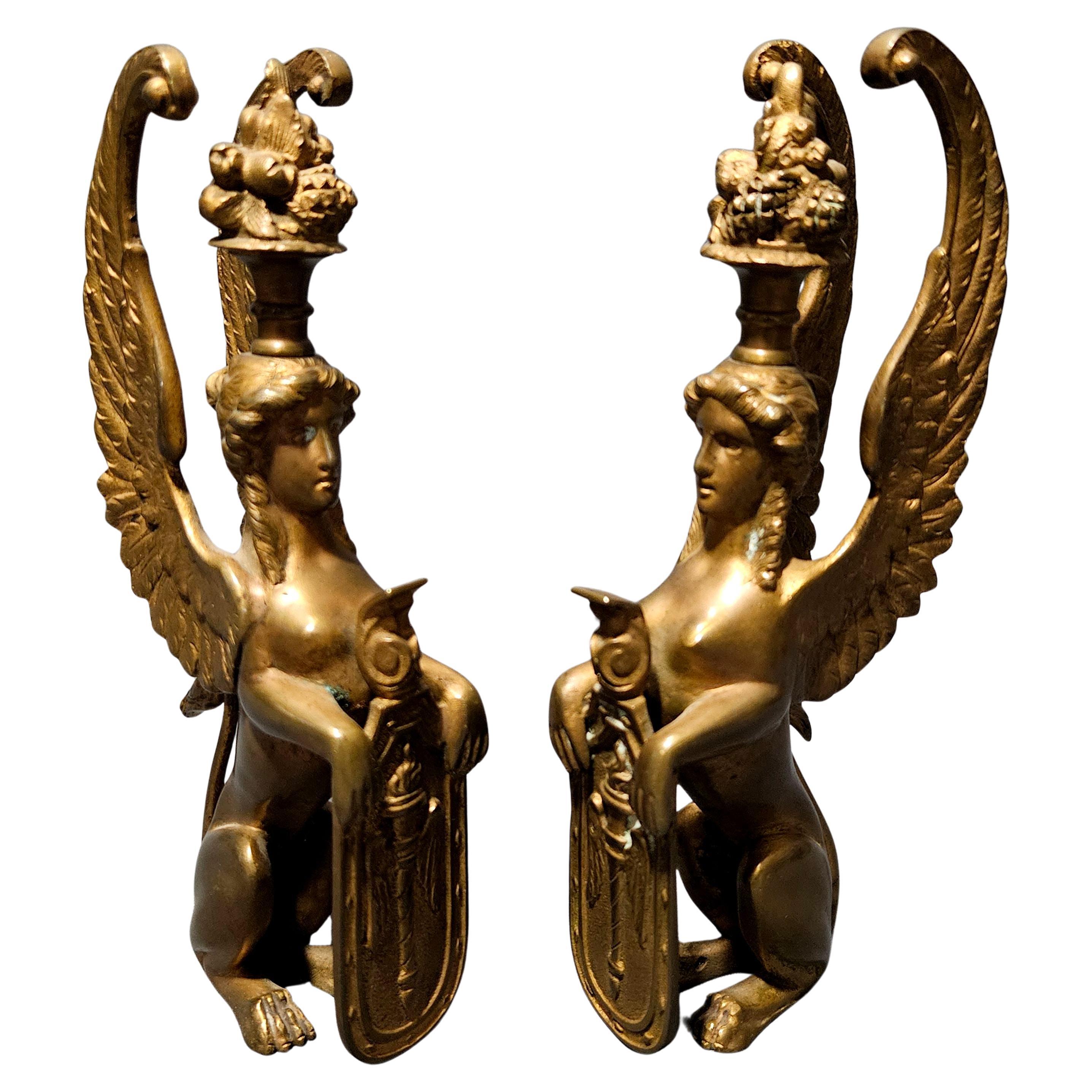 Antique Pair Matching Solid Gilt Bronze Female Winged Griffins Sphinx For Sale