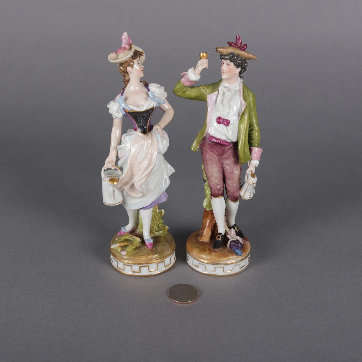 Antique Pair of Meissen Hand Painted and Gilt Porcelain Courting Couple Figures 8