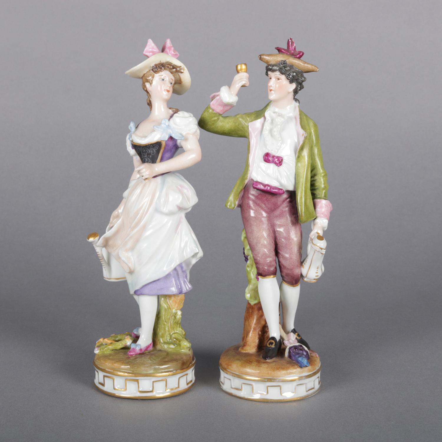 Antique pair of German Meissen porcelain figures depict courting couple and feature hand-painted decoration with gilt highlights, marked on base as photographed, circa 1880.

Measures: 7.75