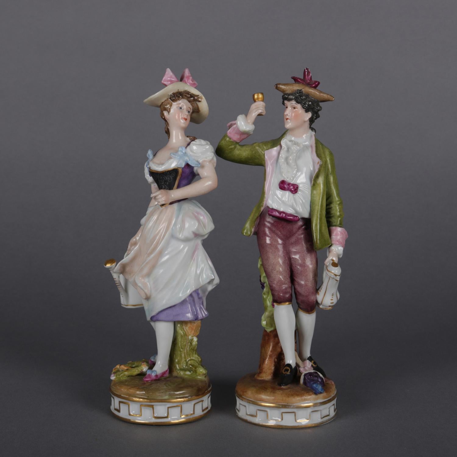 German Antique Pair of Meissen Hand Painted and Gilt Porcelain Courting Couple Figures