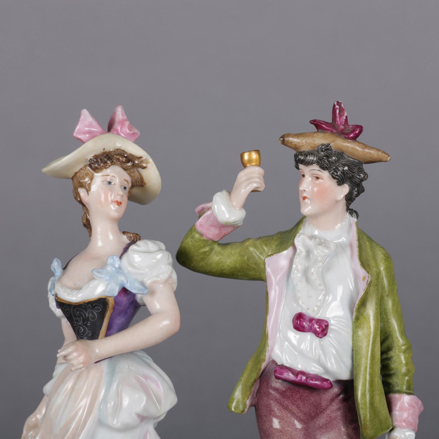 Antique Pair of Meissen Hand Painted and Gilt Porcelain Courting Couple Figures In Good Condition In Big Flats, NY
