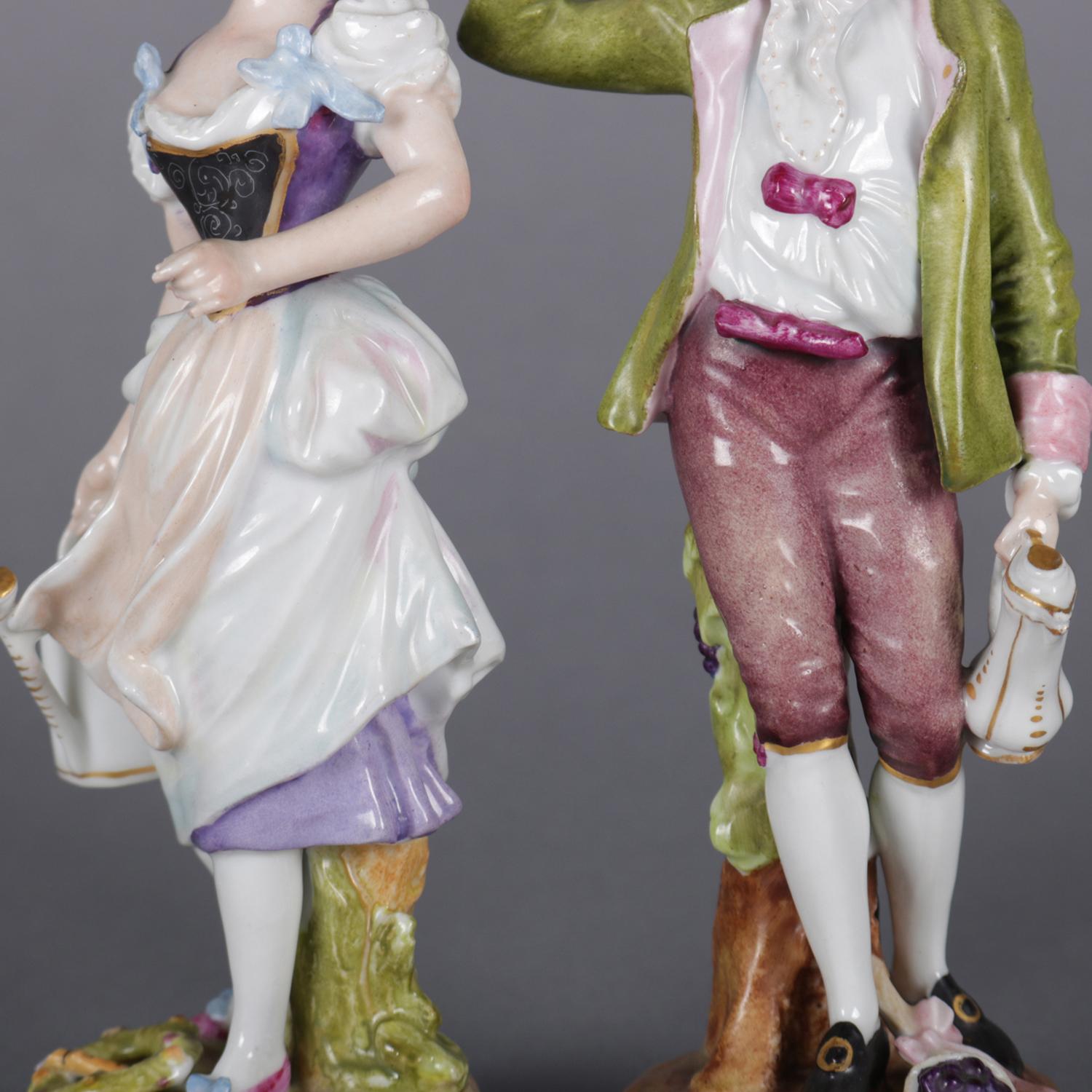 19th Century Antique Pair of Meissen Hand Painted and Gilt Porcelain Courting Couple Figures