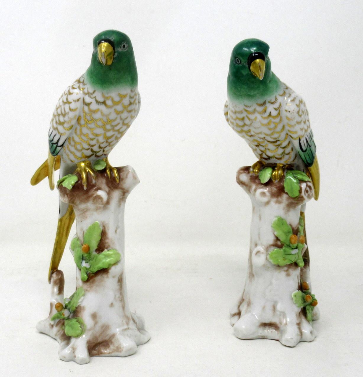 Very stylish pair of glazed porcelain parrots of continental origin, last quarter of the 19th century.

 Each naturalistically modelled and perched on tree stump bases with sprouting leafy growth. Decorated in colours of green and browns with