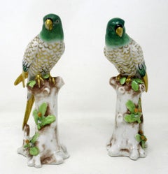 Antique Pair of Meissen Style Continental Parrots Birds Green Gilt, 19th Century
