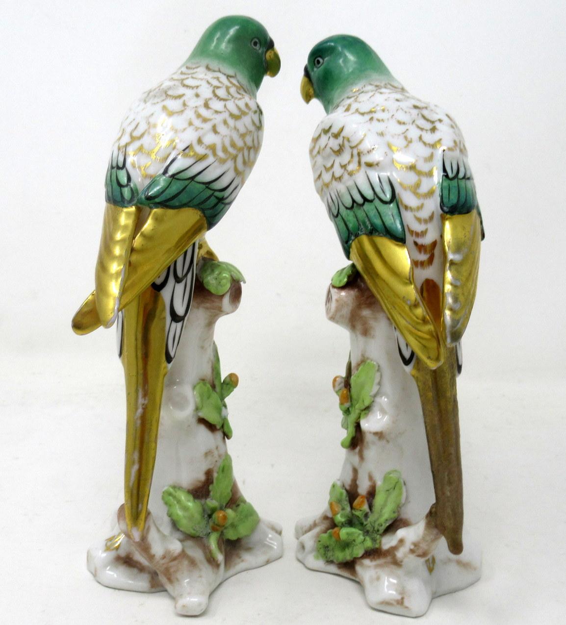 German Antique Pair of Meissen Style Continental Parrots Birds Green Gilt, 19th Century