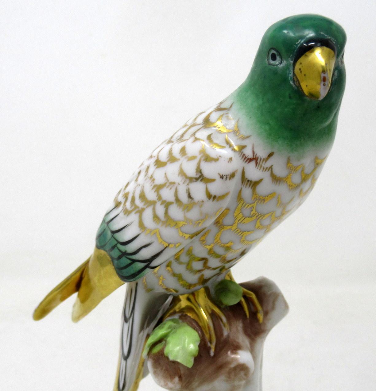 Ceramic Antique Pair of Meissen Style Continental Parrots Birds Green Gilt, 19th Century