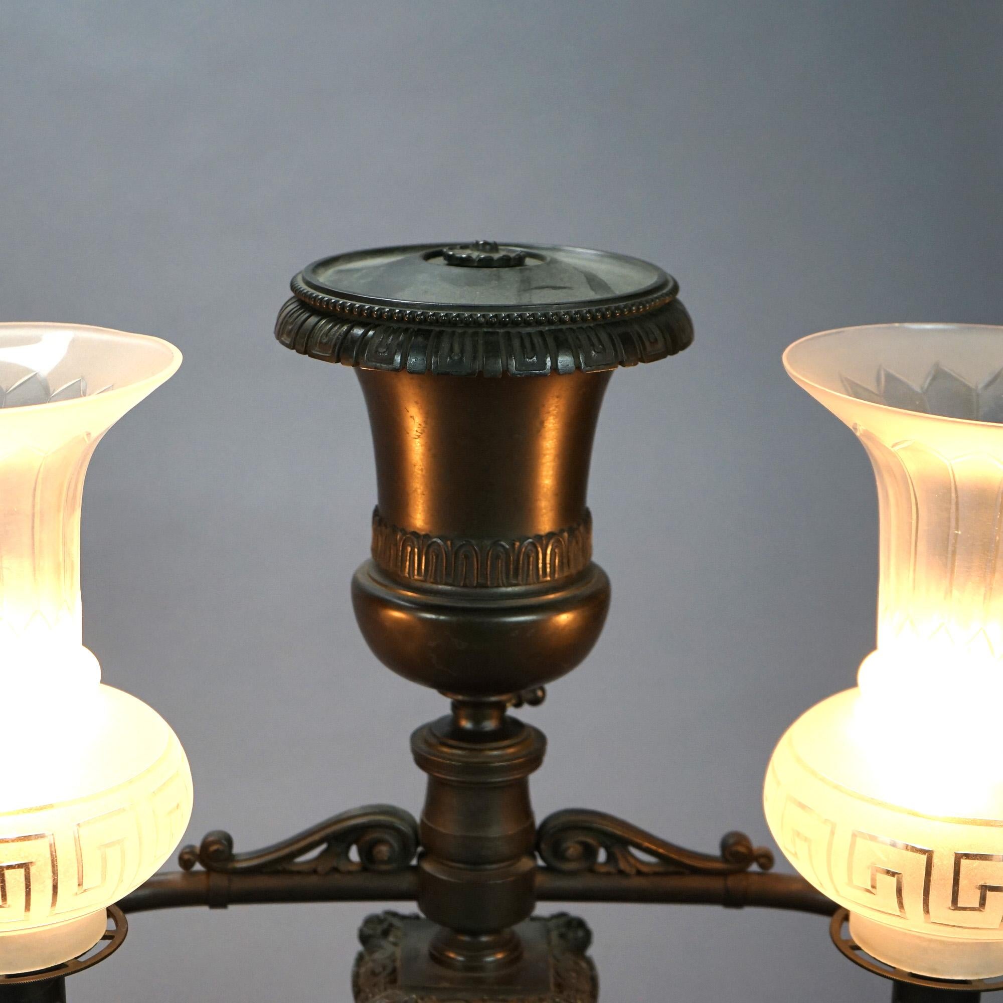 Antique Pair Messenger Co. Bronze Double Argand Lamps with Etched Shades c1820s 6