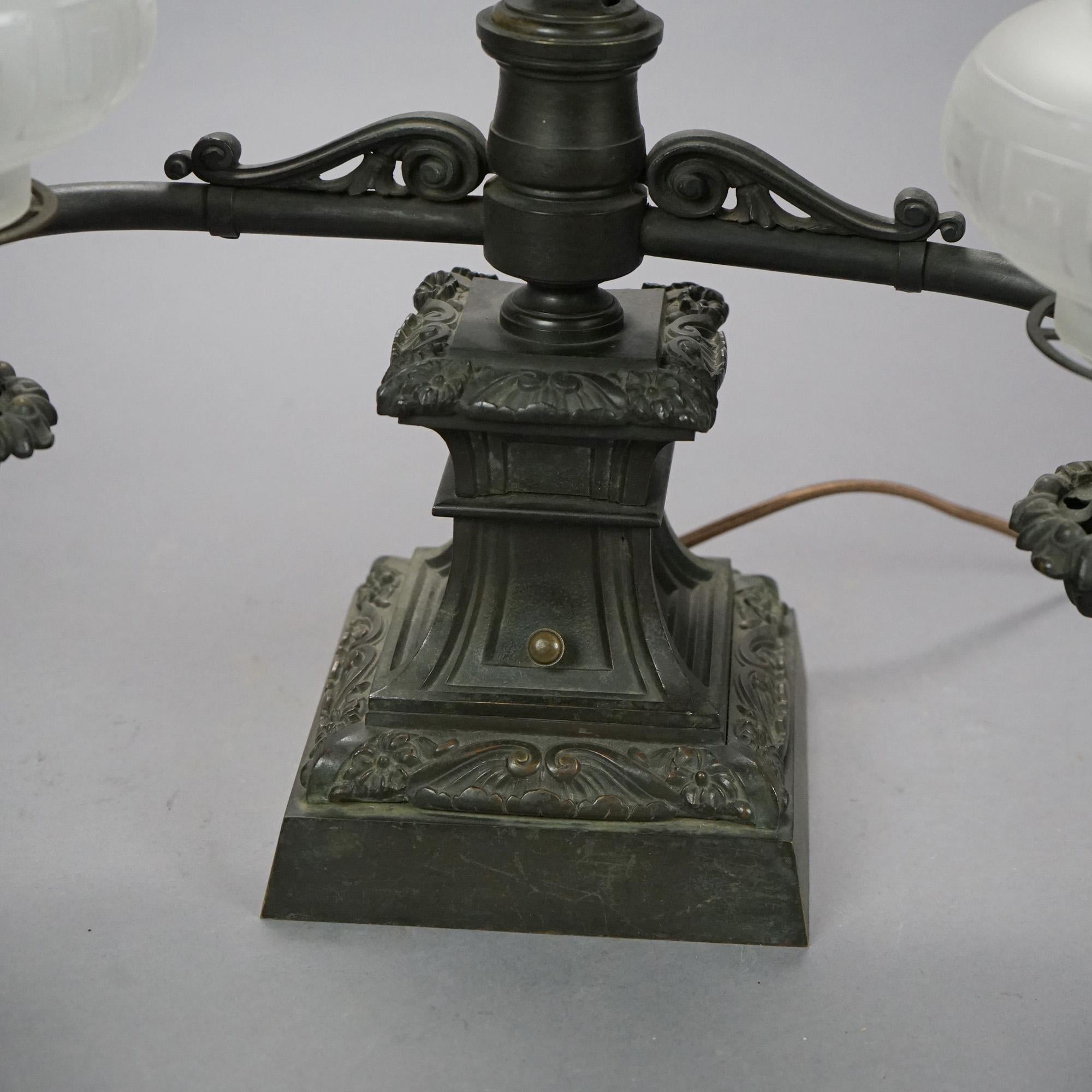 Antique Pair Messenger Co. Bronze Double Argand Lamps with Etched Shades c1820s 8