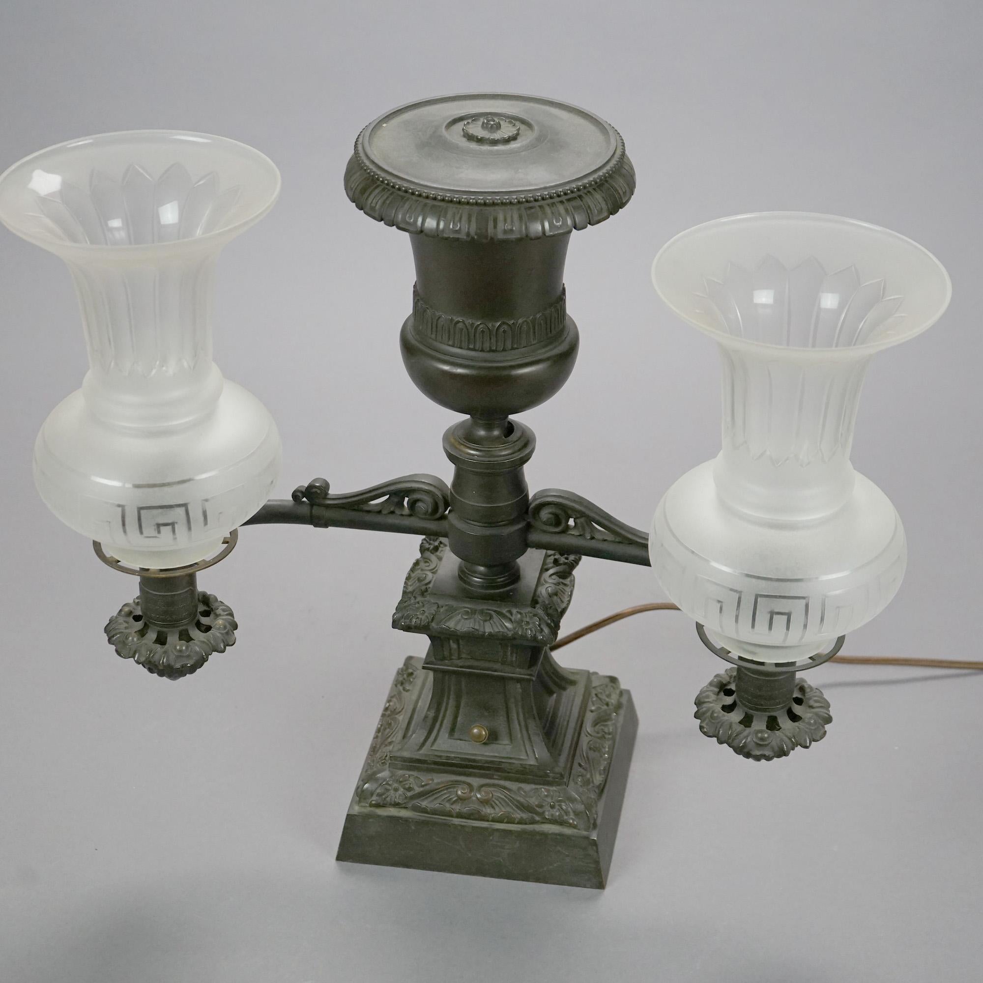 American Antique Pair Messenger Co. Bronze Double Argand Lamps with Etched Shades c1820s