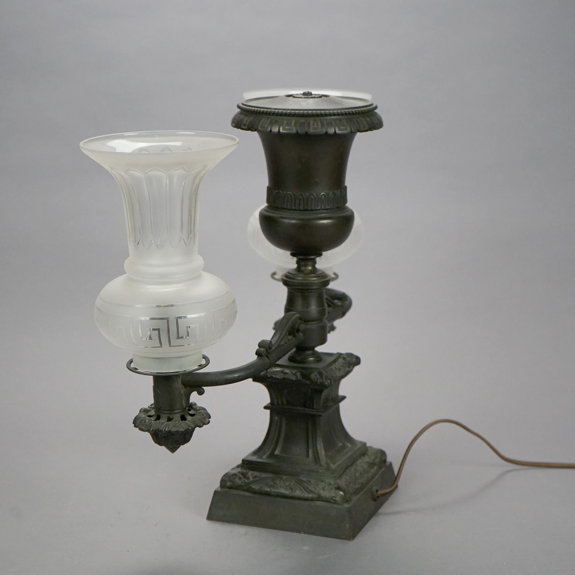 19th Century Antique Pair Messenger Co. Bronze Double Argand Lamps with Etched Shades c1820s