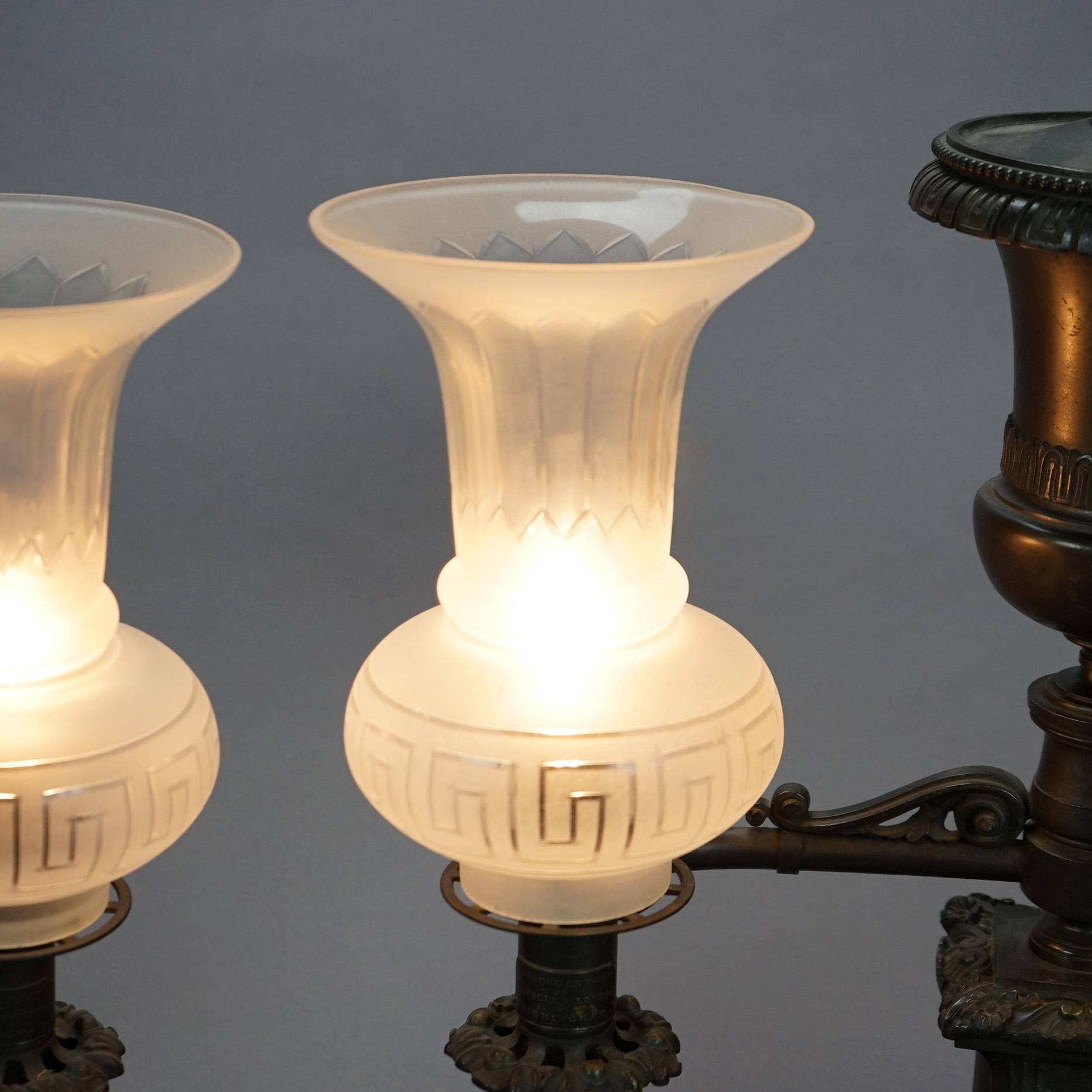 Antique Pair Messenger Co. Bronze Double Argand Lamps with Etched Shades c1820s 3