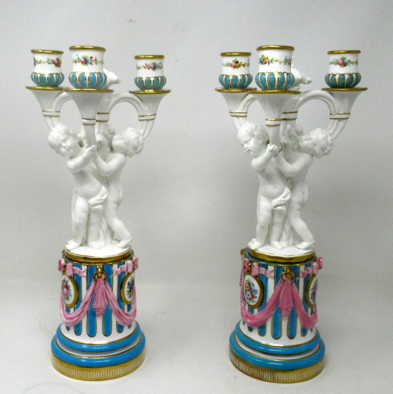 Victorian Antique Pair Minton Staffordshire Porcelain Candelabra Centerpieces Cherub 19C  For Sale