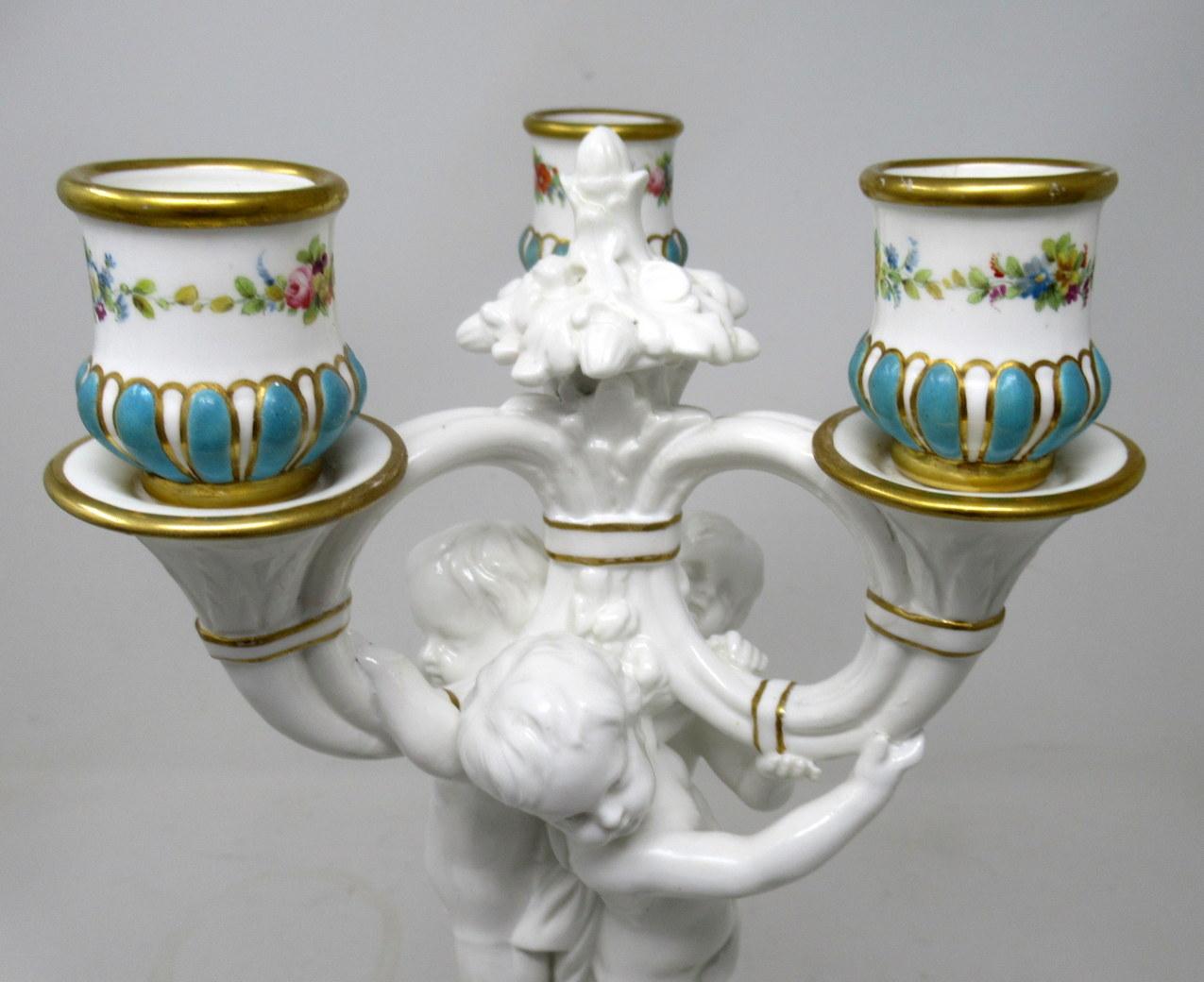 English Antique Pair Minton Staffordshire Porcelain Candelabra Centerpieces Cherub 19C  For Sale