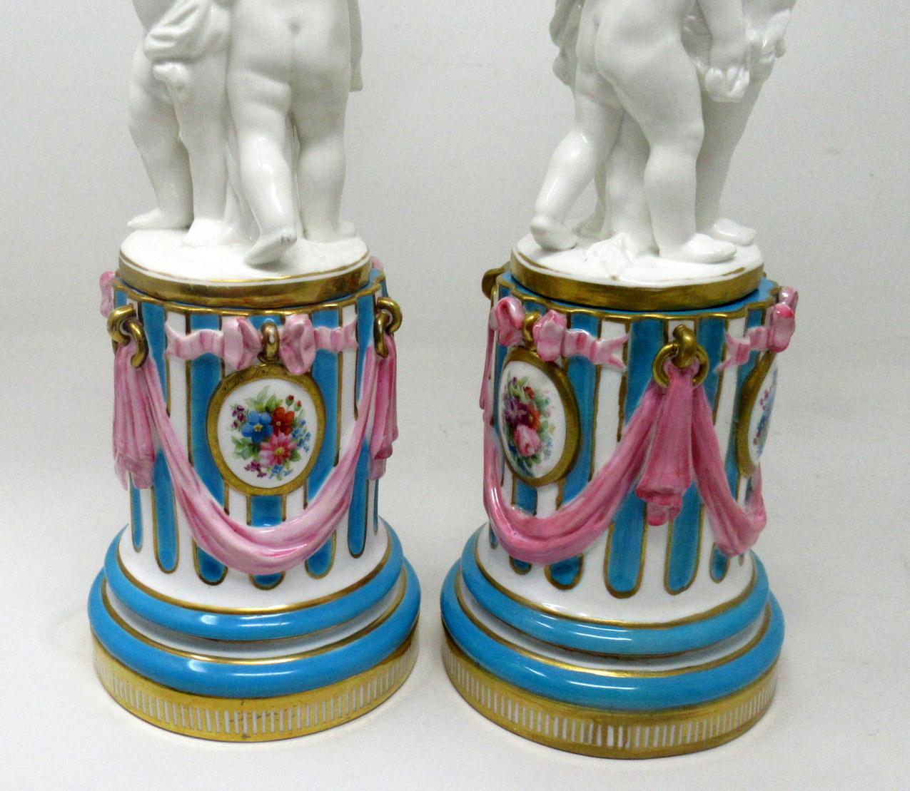Hand-Painted Antique Pair Minton Staffordshire Porcelain Candelabra Centerpieces Cherub 19C  For Sale