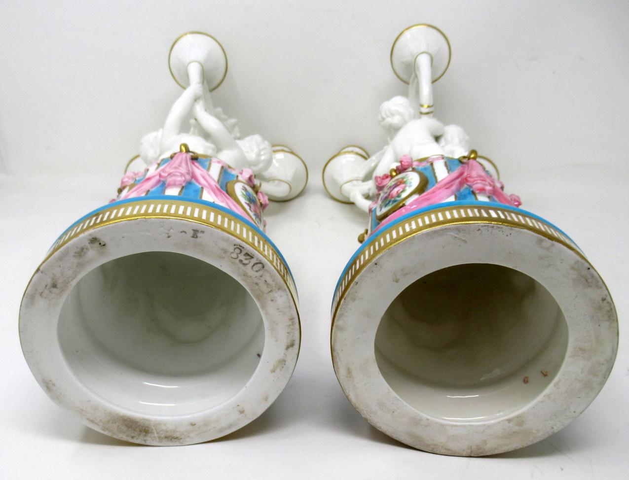 19th Century Antique Pair Minton Staffordshire Porcelain Candelabra Centerpieces Cherub 19C  For Sale