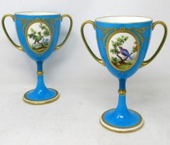 Antique Pair Minton Staffordshire Porcelain Vases Centerpieces Birds Turquoise