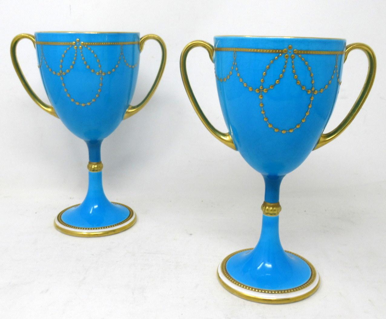 Hand-Painted Antique Pair Minton Staffordshire Porcelain Vases Centerpieces Birds Turquoise For Sale
