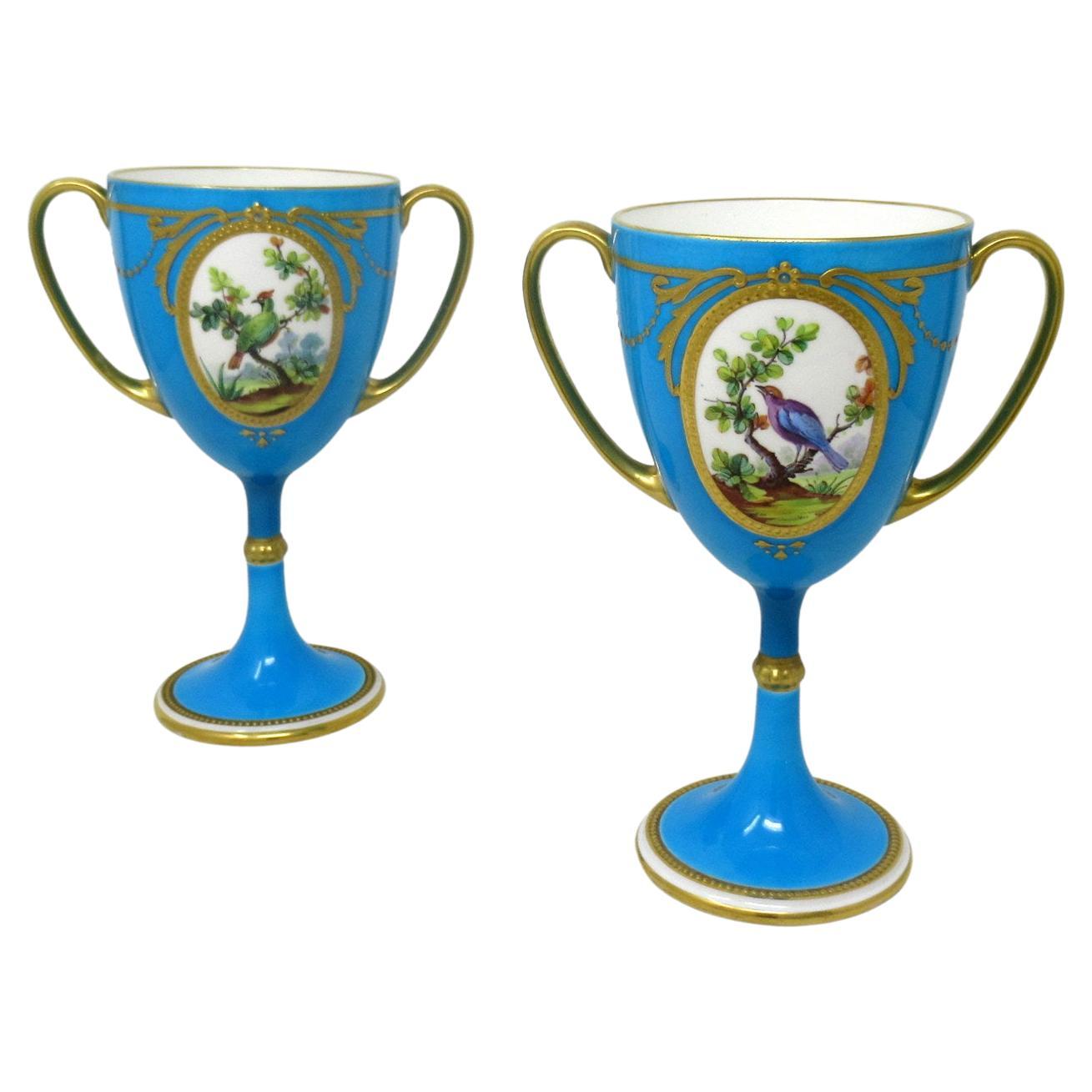 Antique Pair Minton Staffordshire Porcelain Vases Centerpieces Birds Turquoise For Sale