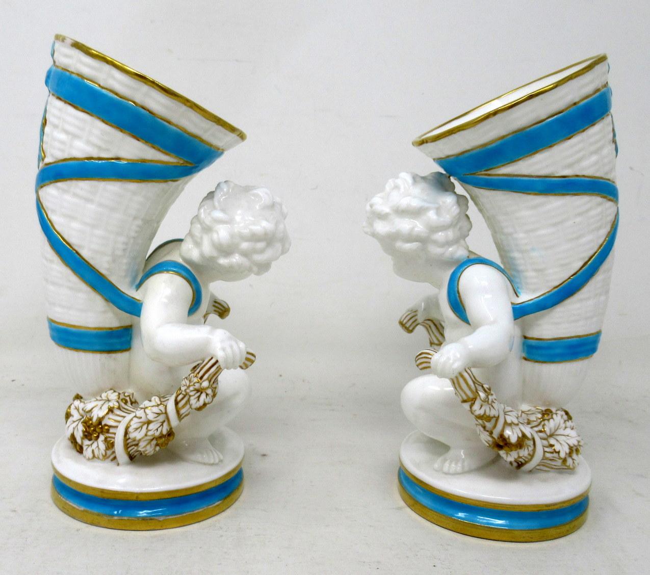 Victorian Antique Pair Minton Staffordshire Porcelain Vases Centerpieces Cherub Turquoise  For Sale