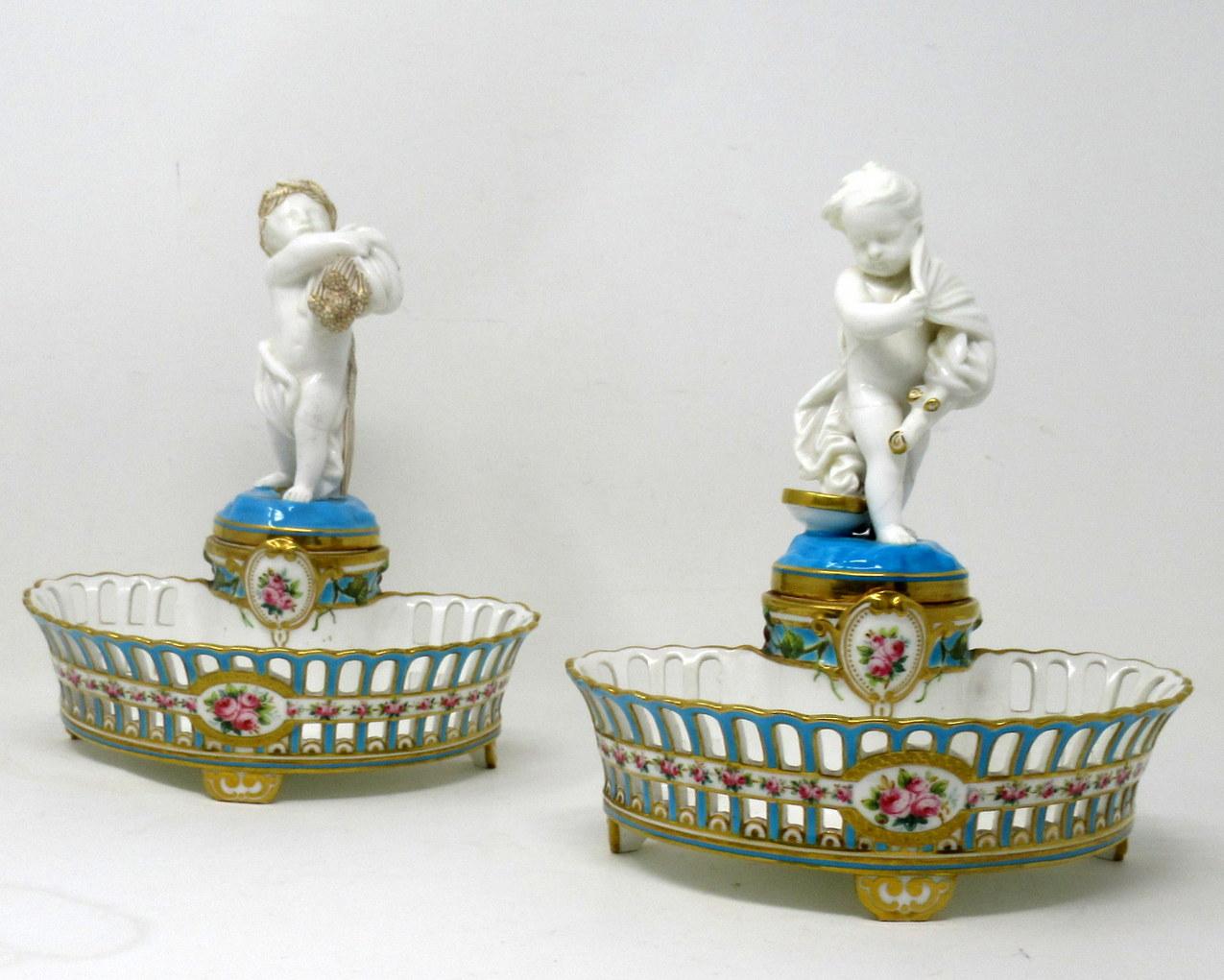 Victorian Antique Pair Minton Staffordshire Porcelain Vases Centerpieces Cherub Turquoise For Sale