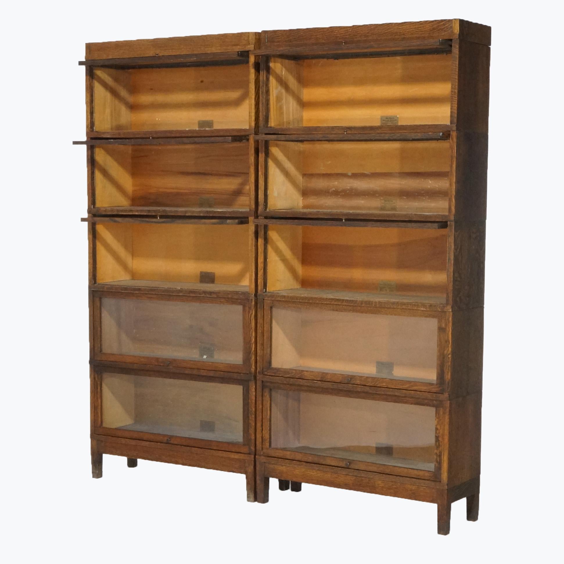 Arts and Crafts Antique Pair Mission Oak Globe Wernicke Five Stack Barrister Bookcases, C. 1910