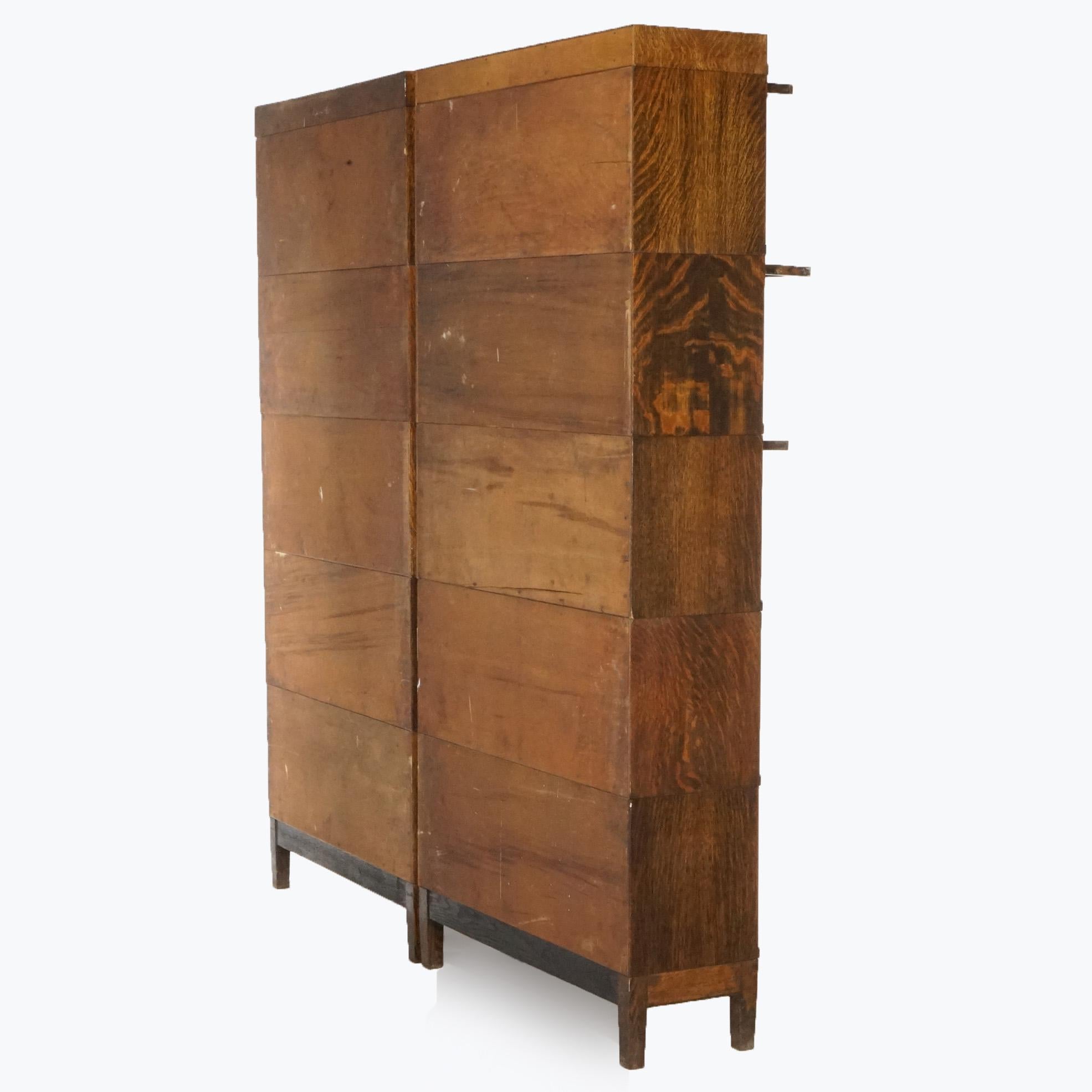 20th Century Antique Pair Mission Oak Globe Wernicke Five Stack Barrister Bookcases, C. 1910