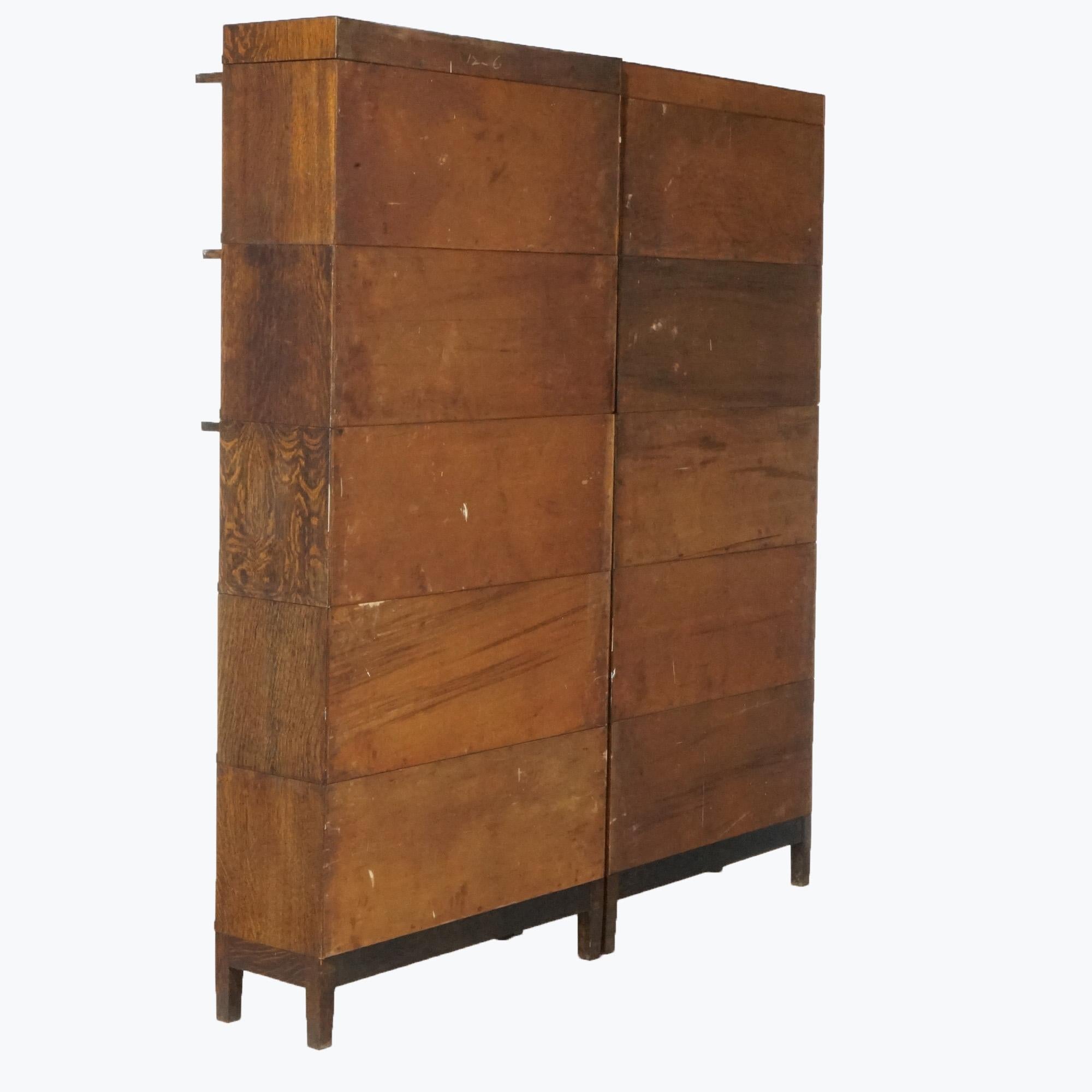 Antique Pair Mission Oak Globe Wernicke Five Stack Barrister Bookcases, C. 1910 1