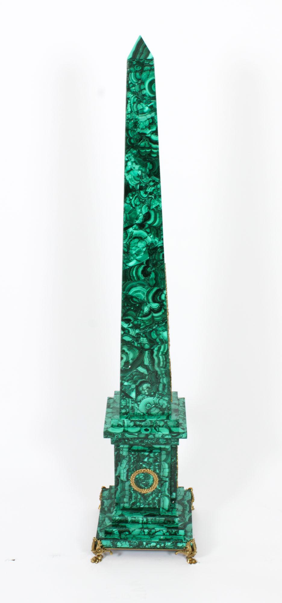 Antique Pair Monumental Ormolu Mounted Malachite Obelisks, 1920s For Sale 7