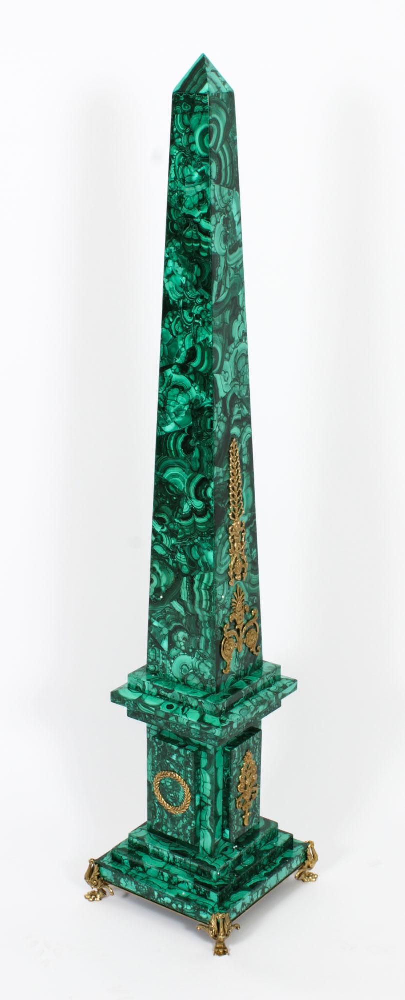 Neoclassical Antique Pair Monumental Ormolu Mounted Malachite Obelisks, 1920s For Sale