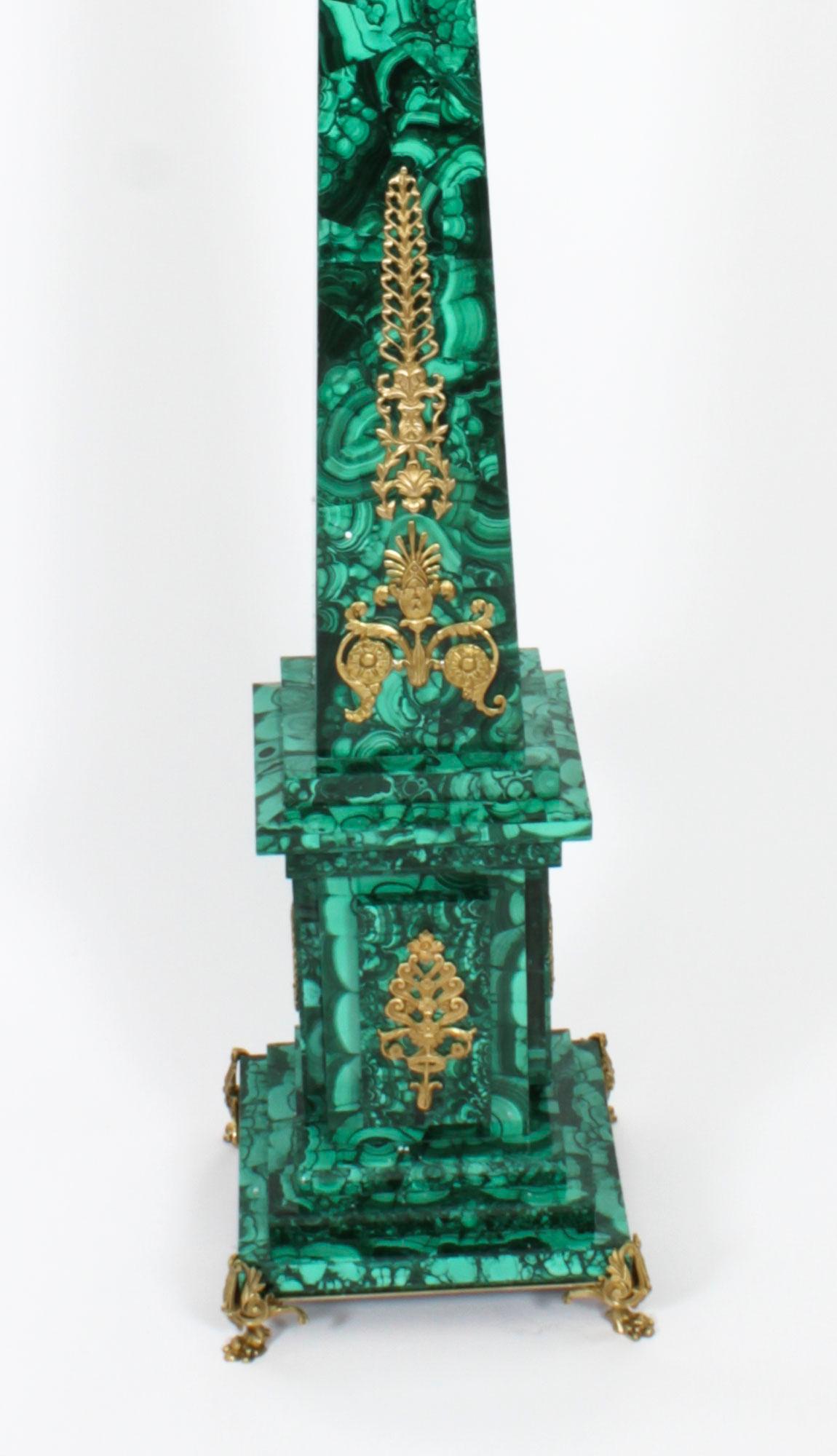 Antique Pair Monumental Ormolu Mounted Malachite Obelisks, 1920s In Good Condition For Sale In London, GB