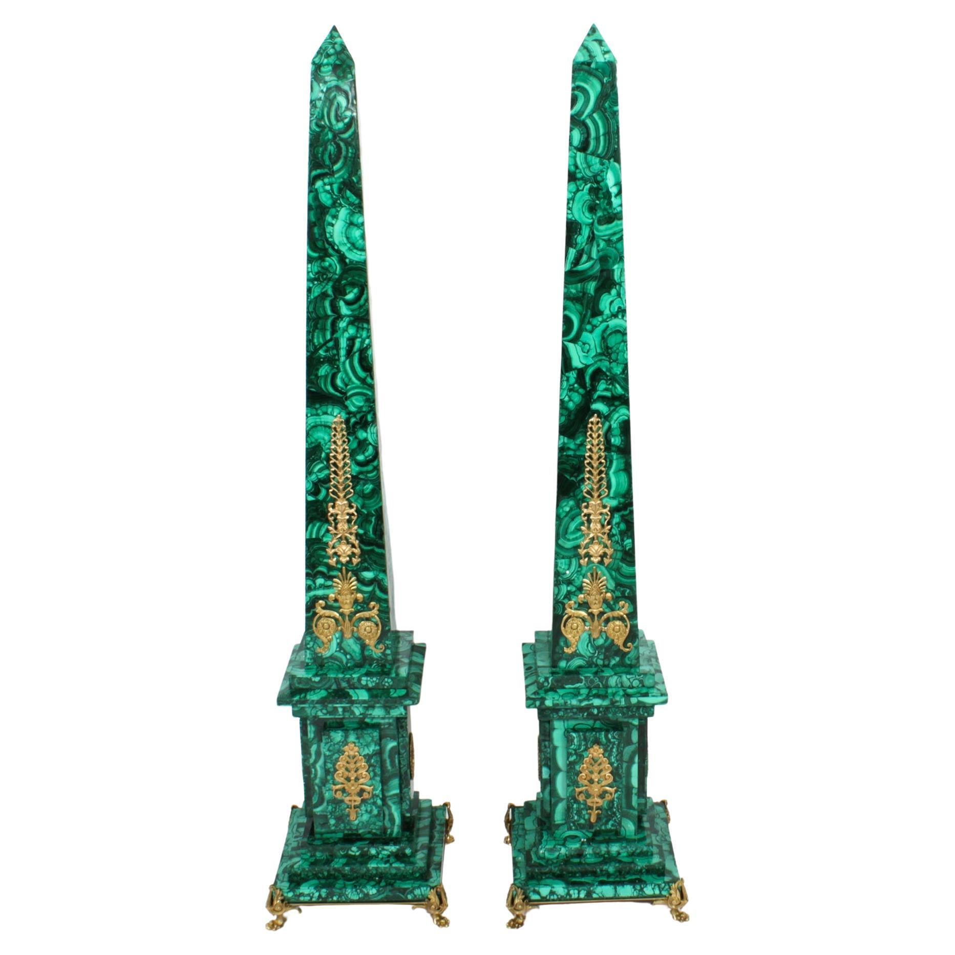 Antique Pair Monumental Ormolu Mounted Malachite Obelisks, 1920s