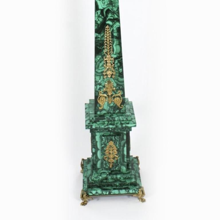 Antique Pair Monumental Ormolu Mounted Malachite Obelisks on Stands, 1920s For Sale 8