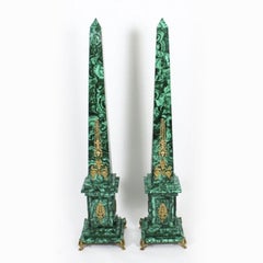 Antique Pair Monumental Ormolu Mounted Malachite Obelisks on Stands 20th Century