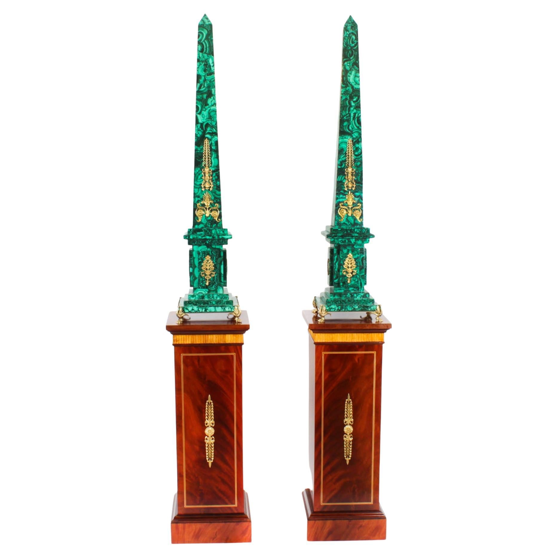 Antique Pair Monumental Ormolu Mounted Malachite Obelisks on Stands, 1920s For Sale