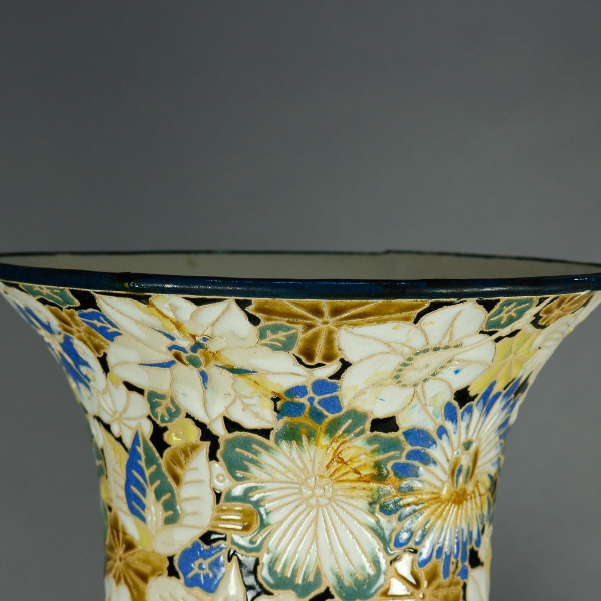 Antique Pair of Monumental Chinese Enameled and Embossed Ceramic Floor Vases 1