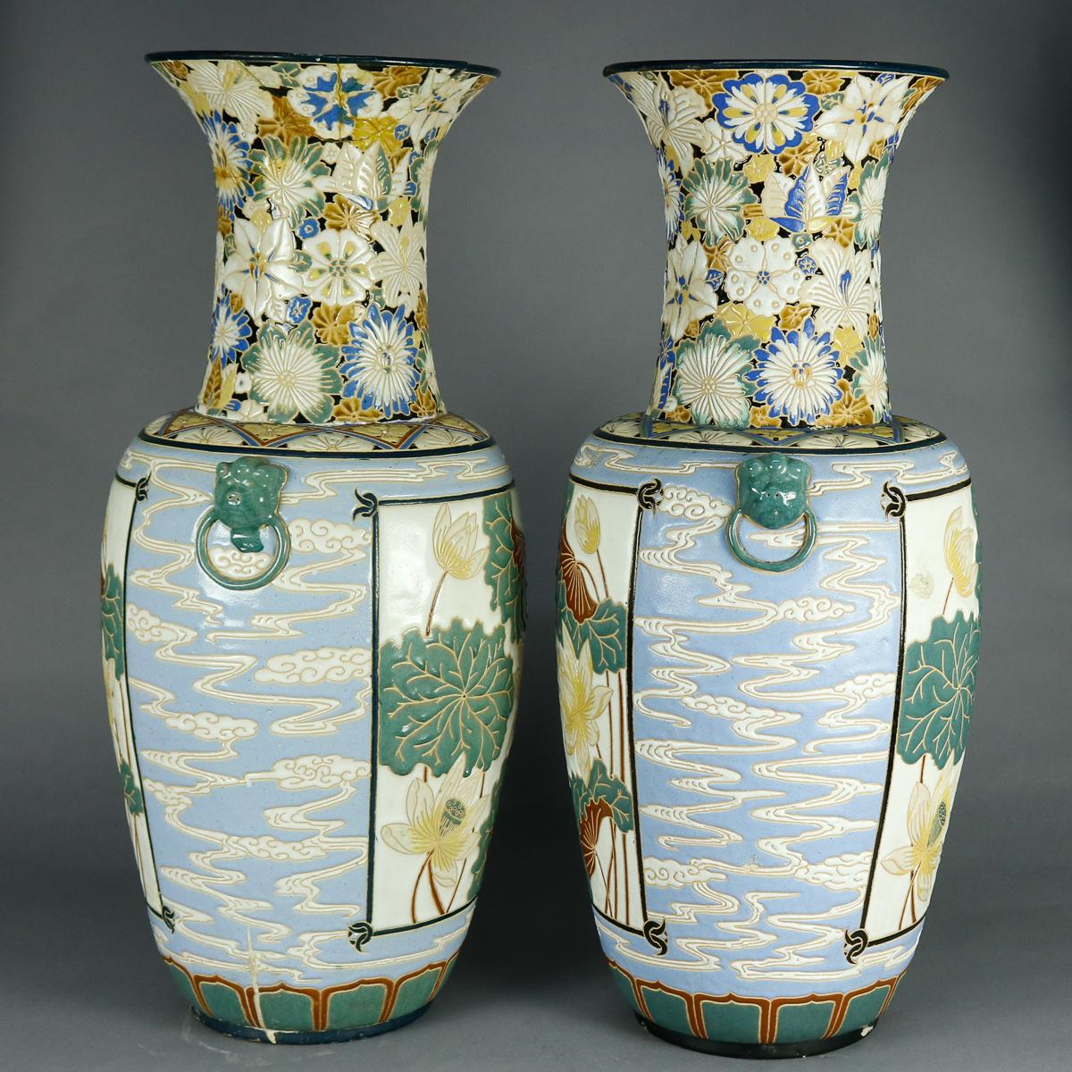 Antique Pair of Monumental Chinese Enameled and Embossed Ceramic Floor Vases 3